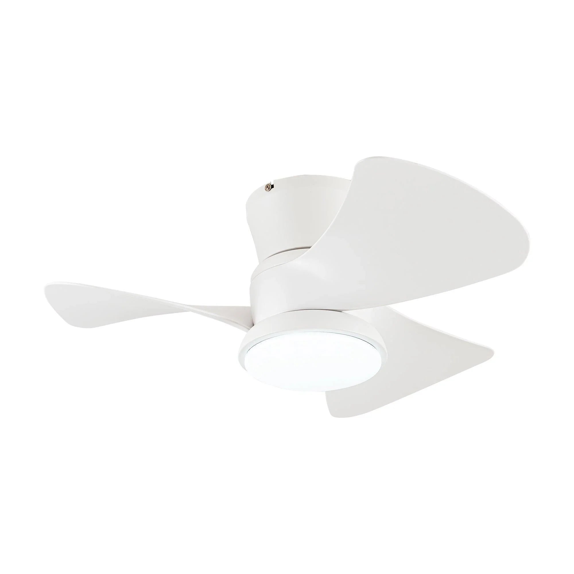 Angle view of a white flush-mount ceiling fan with three blades and integrated light.