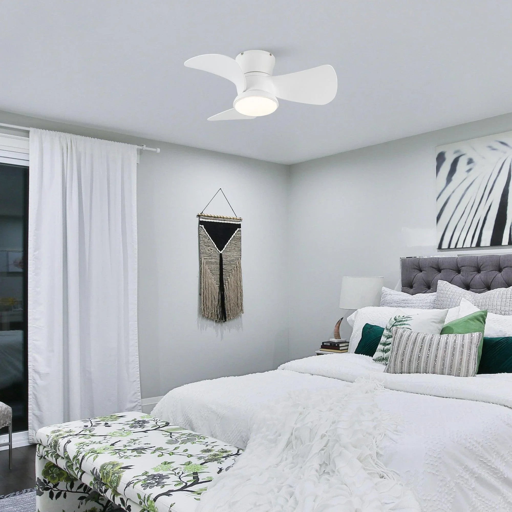 White flush-mount ceiling fan with three blades and a round ceiling light in a room.