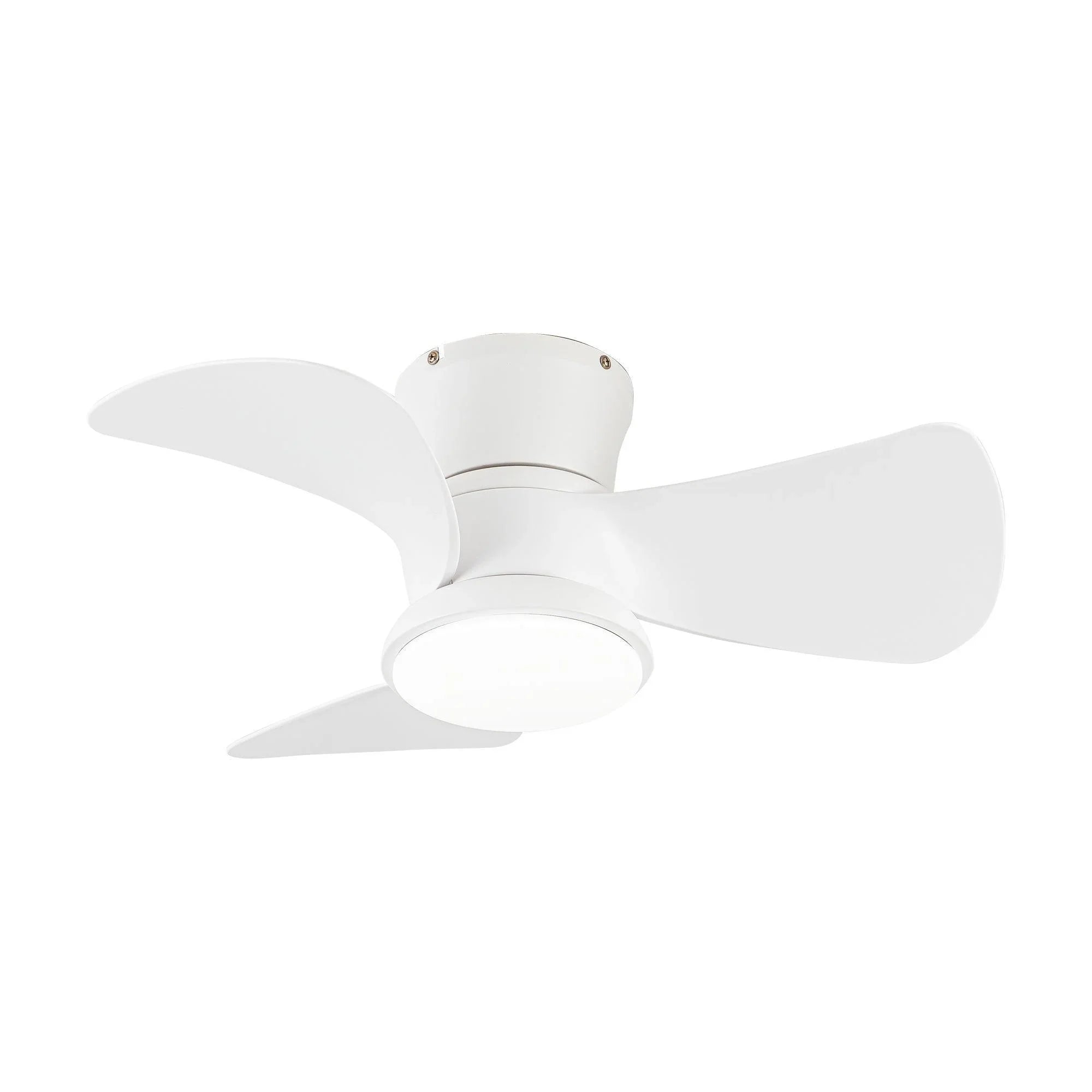 White flush-mount ceiling fan with three wide blades and round light fixture.