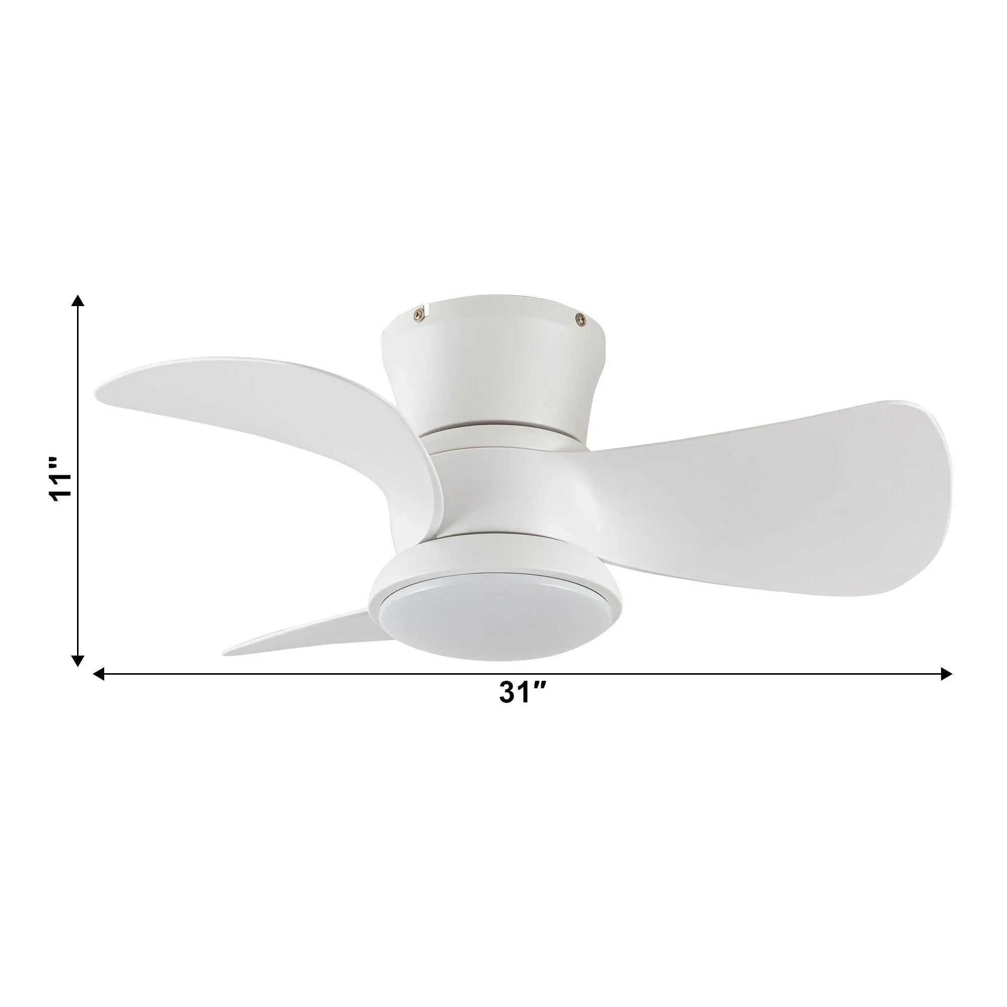 White flush-mount ceiling fan with integrated LED light and three reversible blades
