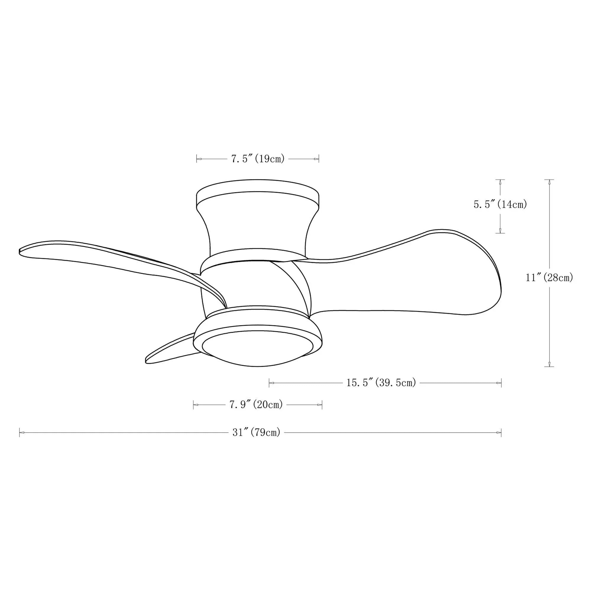 Flush-mount ceiling fan dimensions diagram: 31 in diameter, 11 in height, LED housing.