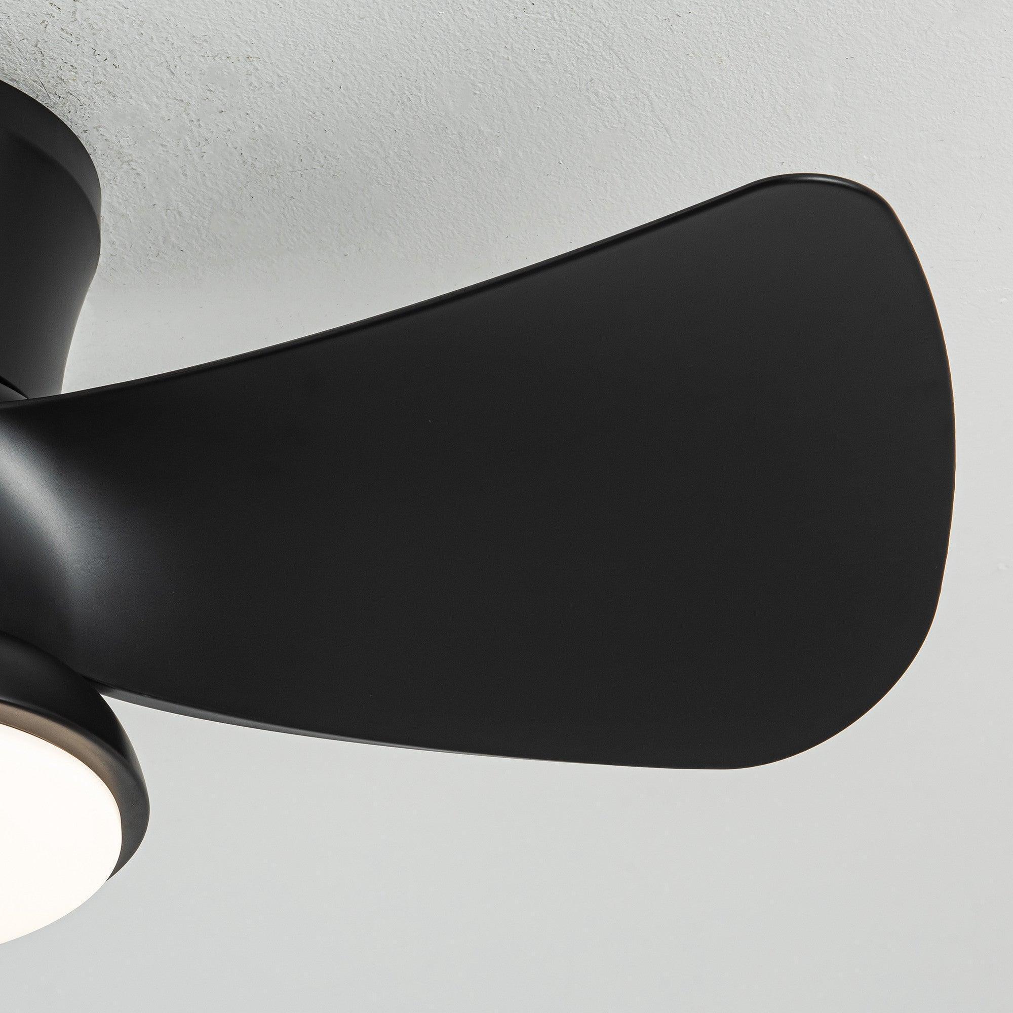 Black ceiling fan blade close-up near the round integrated LED light fixture