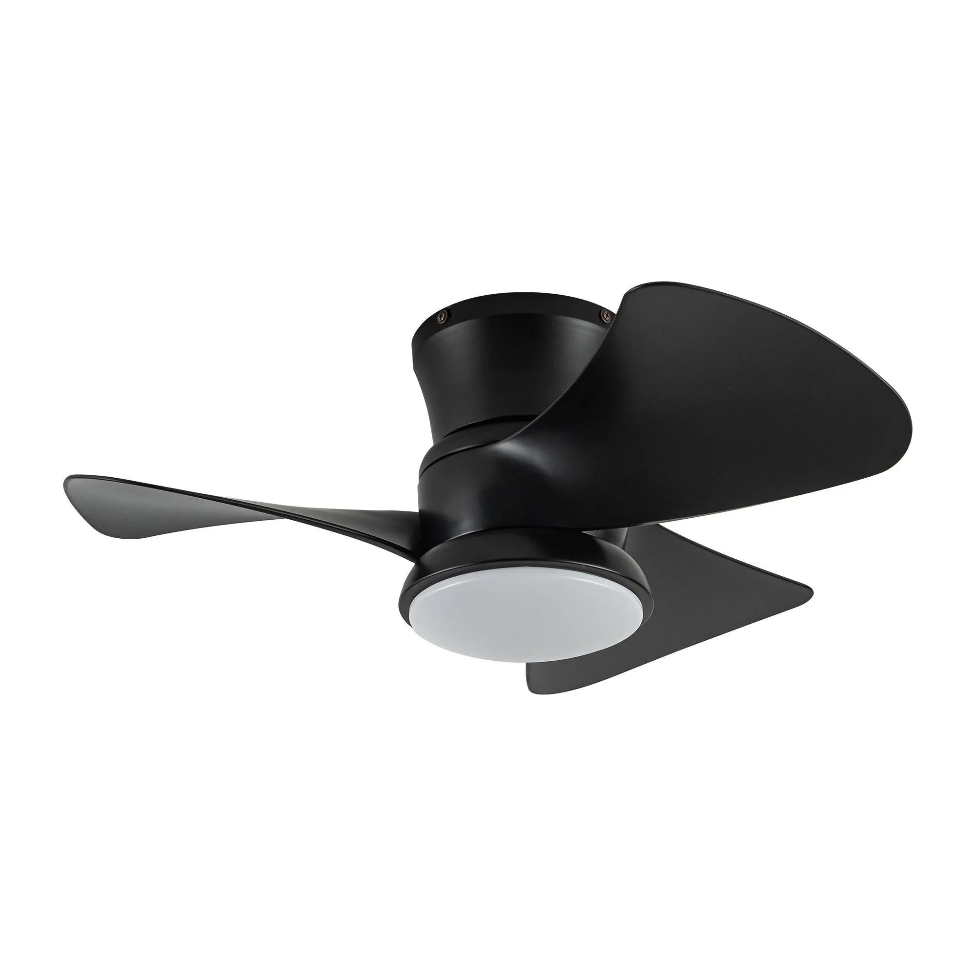 Black flush mount ceiling fan with three blades and integrated round LED light