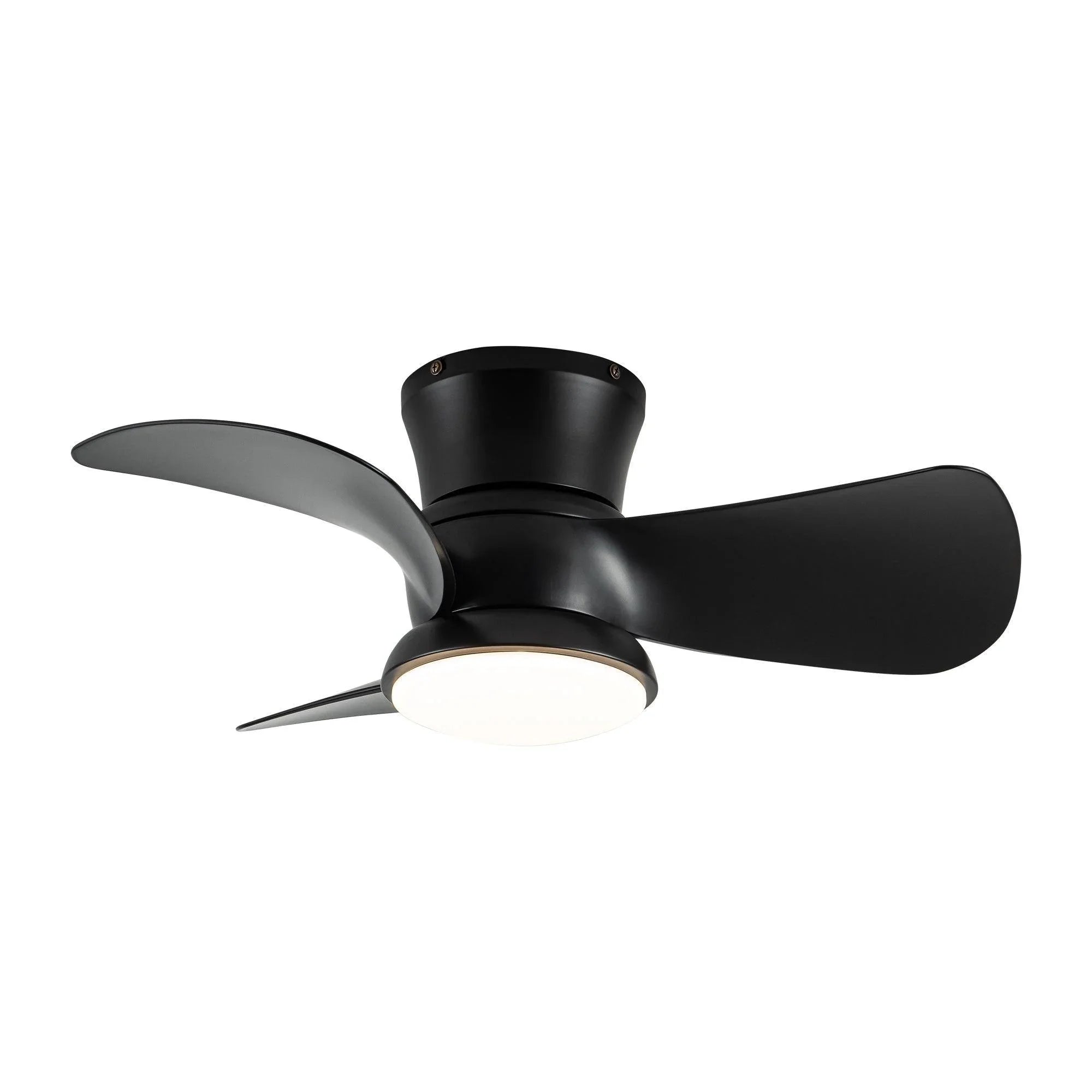 Black flush mount ceiling fan with three blades and integrated round LED light fixture