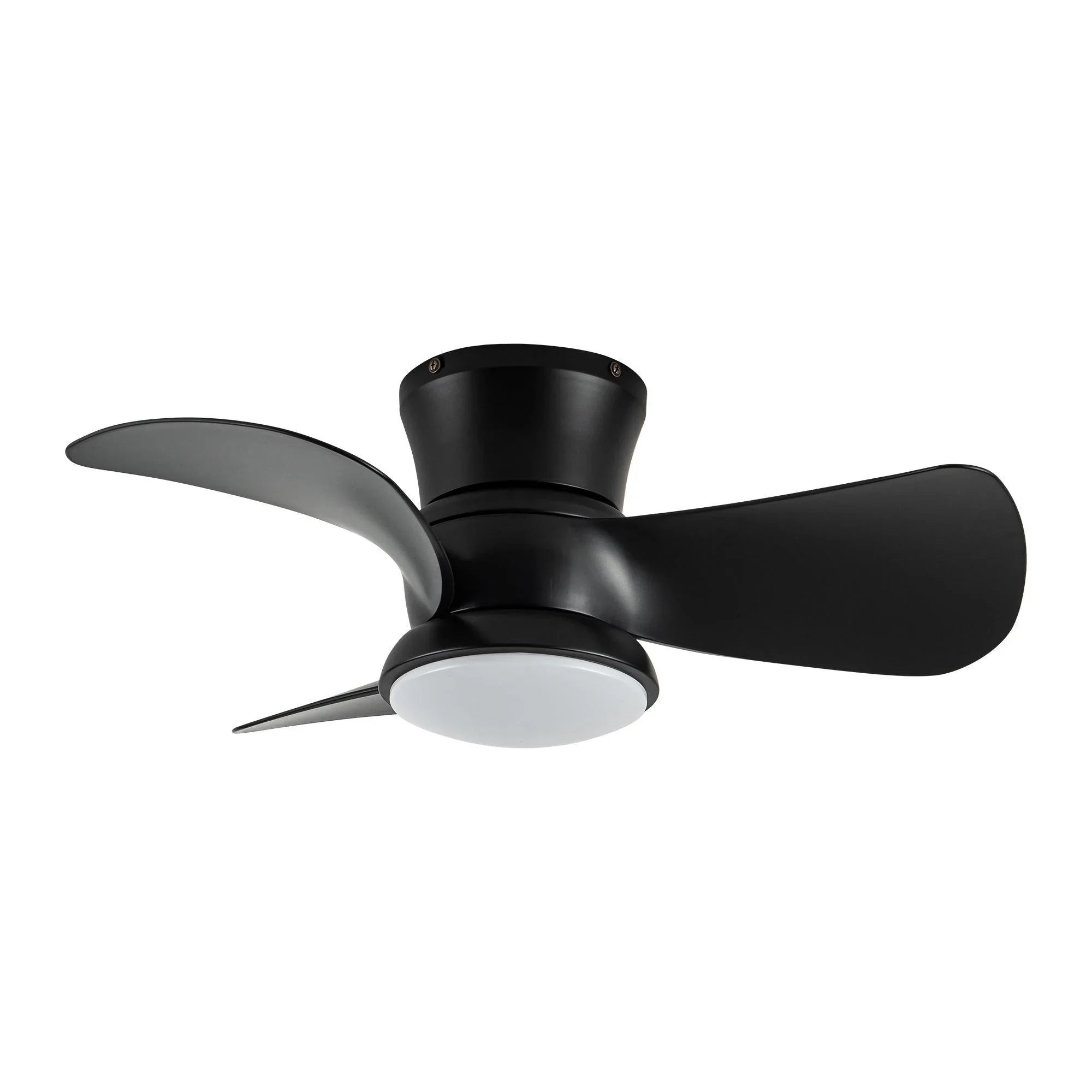 Black flush mount ceiling fan with reversible-style blades and round LED light cover