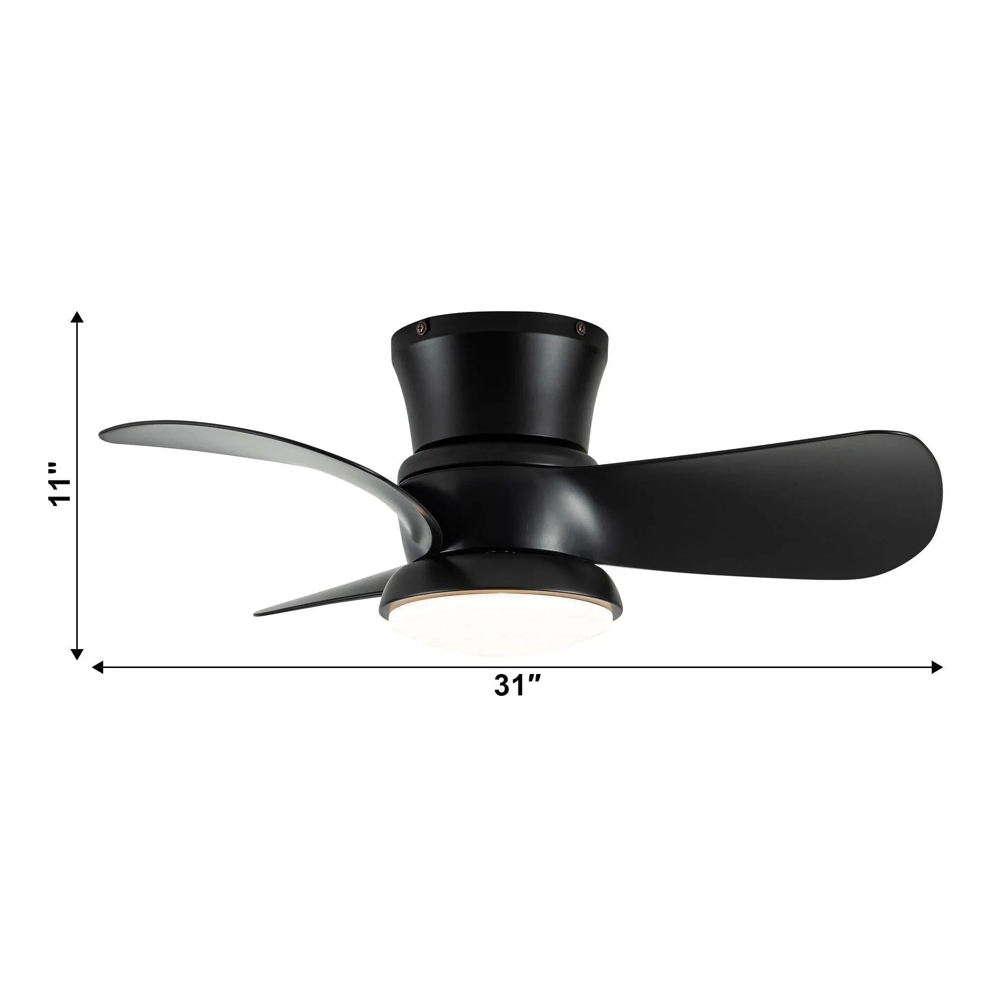 Black flush-mount ceiling fan with integrated LED light and three reversible blades
