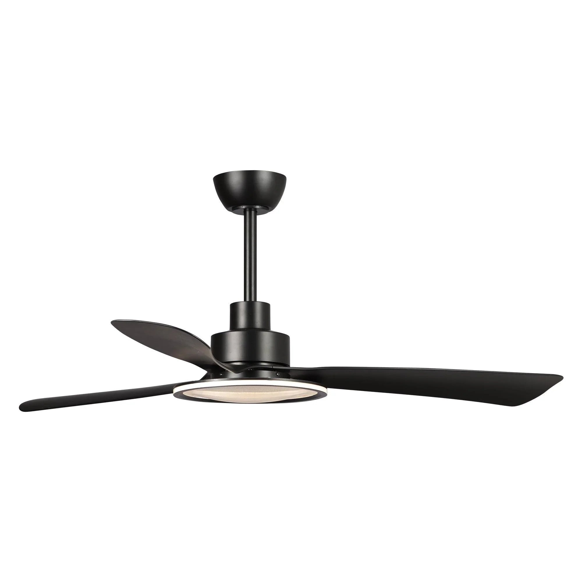 Black ceiling fan with warm-lit light disc and three dark blades