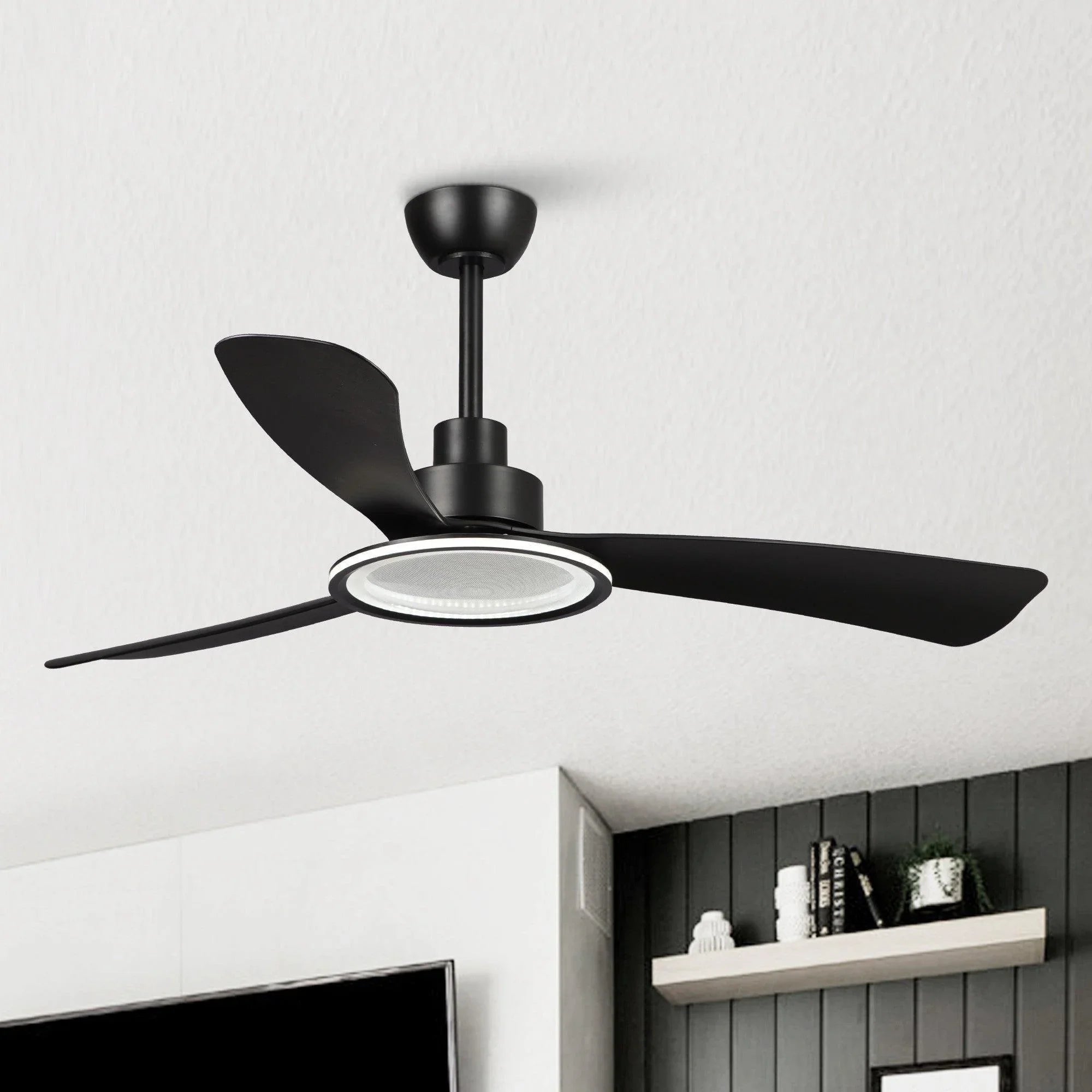Black ceiling fan with white light cover and three dark blades