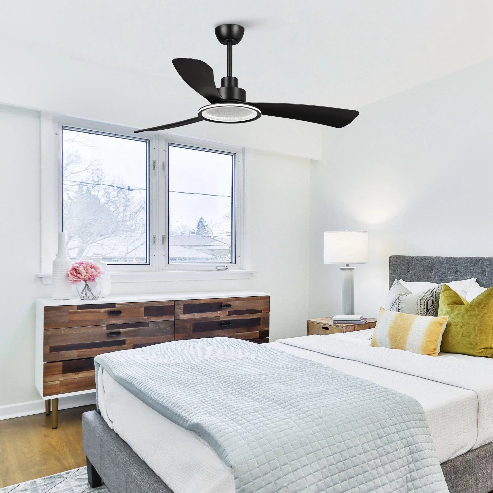 Black ceiling fan with light fixture and three dark blades