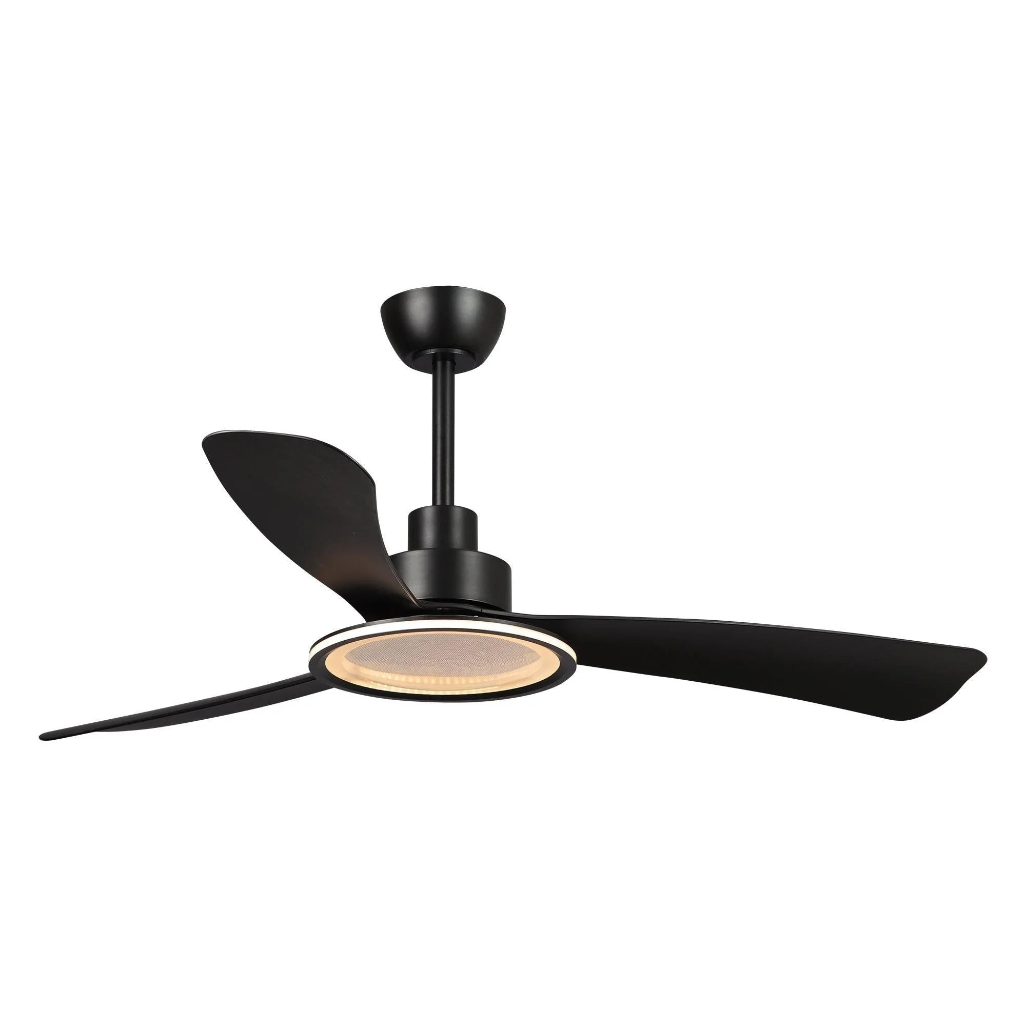 Black ceiling fan with warm-lit light disc and three dark blades
