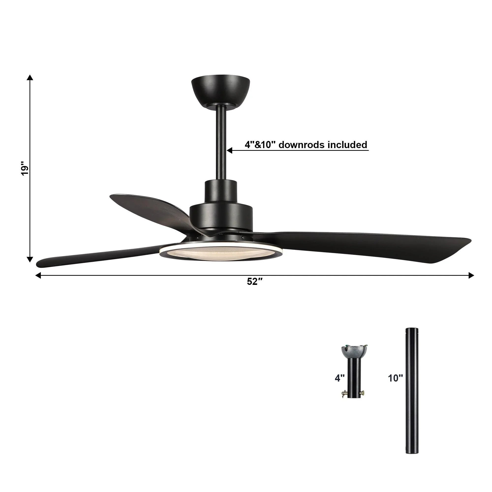 Black ceiling fan, 52-inch blade span, shown with included downrod lengths.