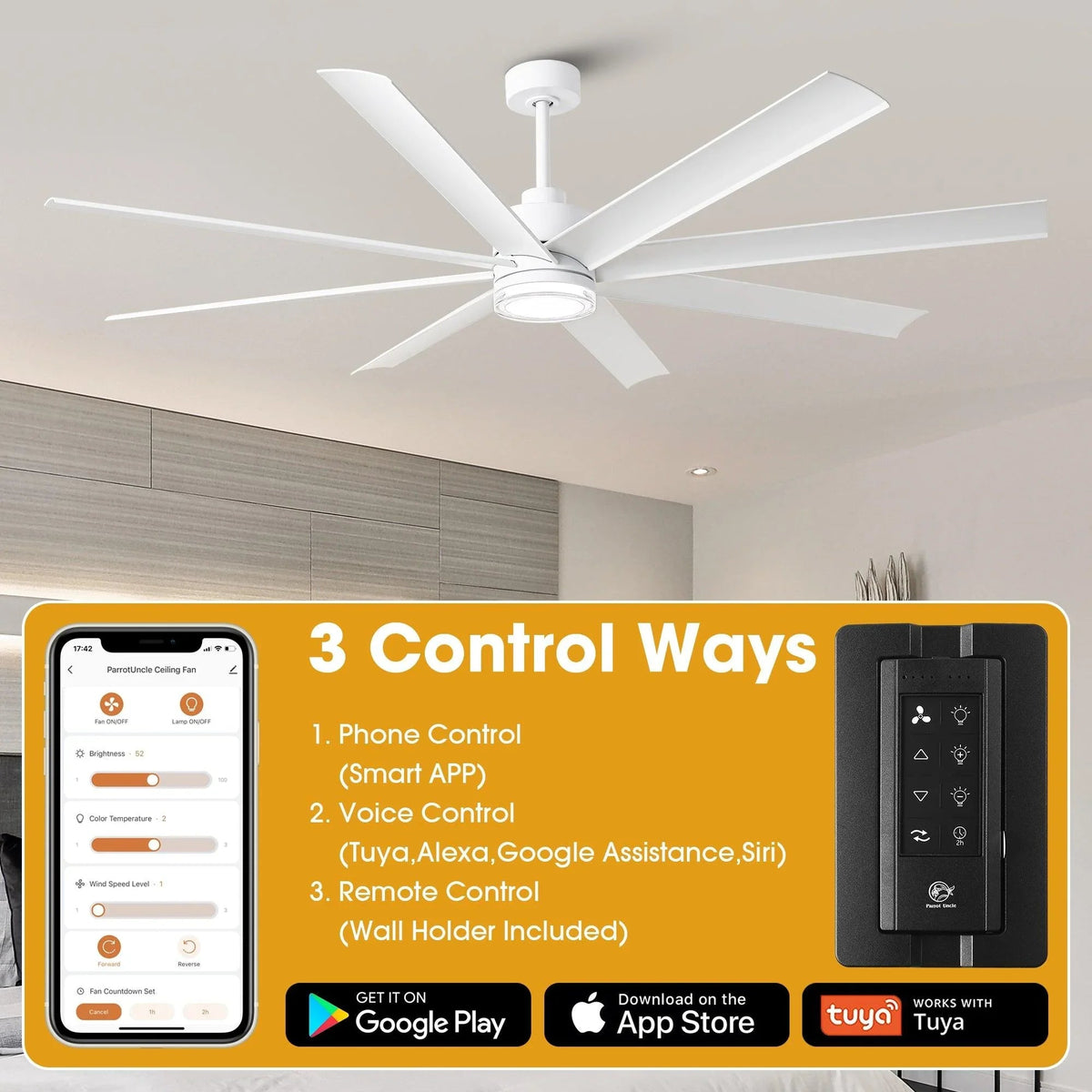 Parrot Uncle 72-Inch Daugava Modern Downrod Mount Smart Fan with LED Light