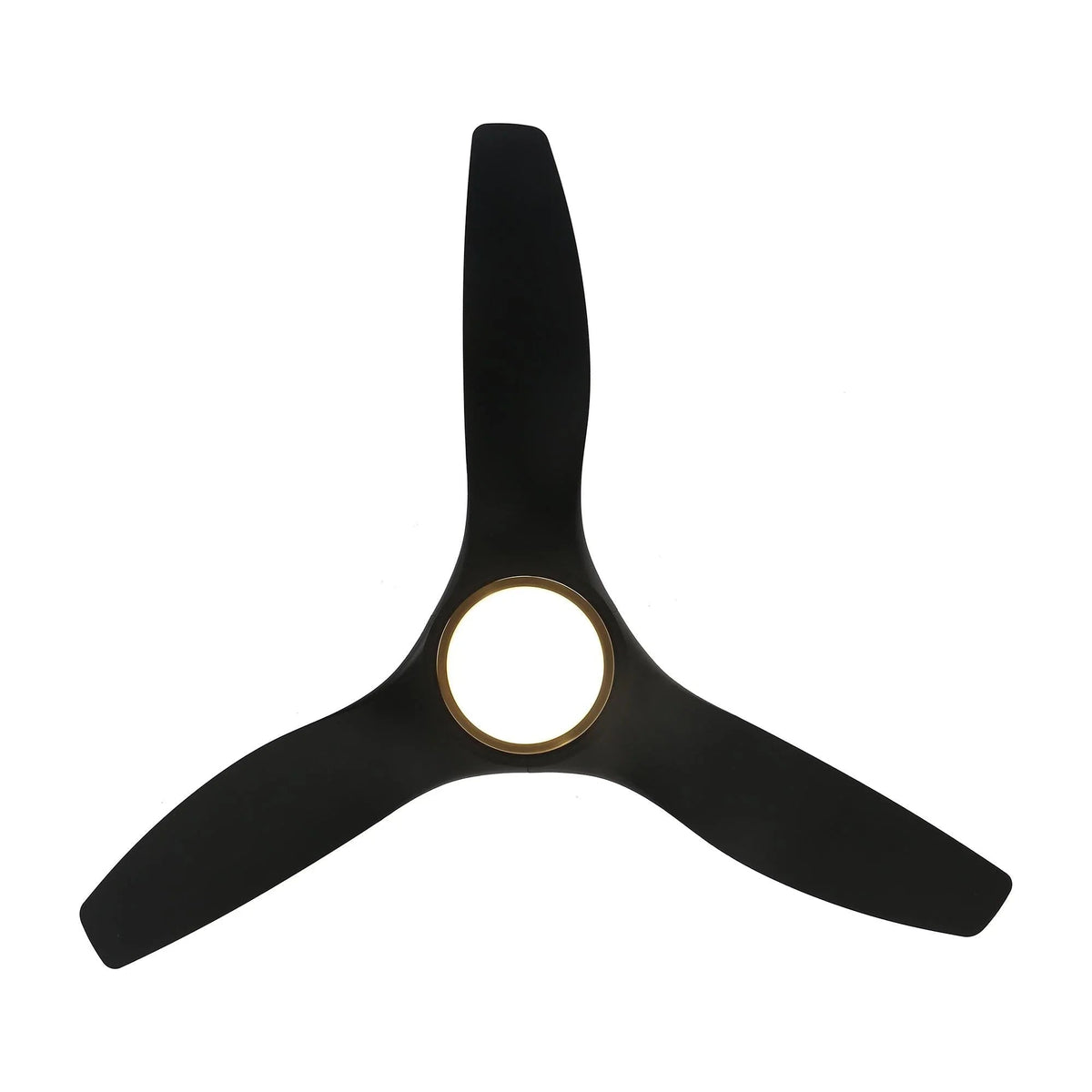 Ceiling fan with three dark blades and circular integrated LED light