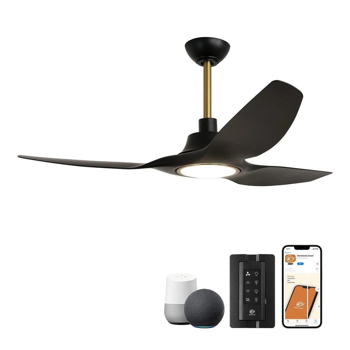 52-inch modern ceiling fan with dark blades, downrod mount, and LED light
