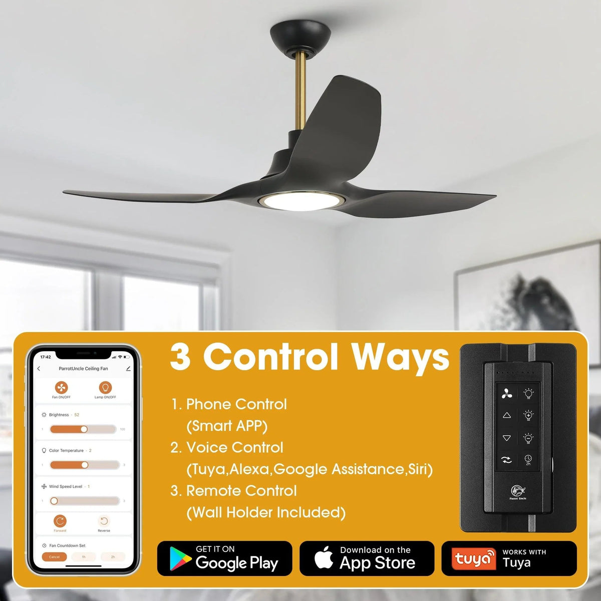 Modern ceiling fan with dark blades, LED light, and smart control remote setup