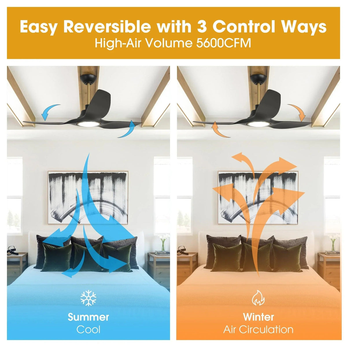 Black smart ceiling fan with LED light, showing summer and winter airflow modes