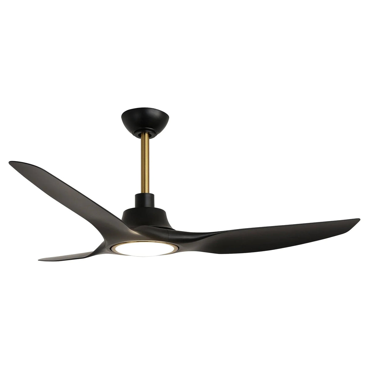 Black ceiling fan with LED light and five blades, downrod mount