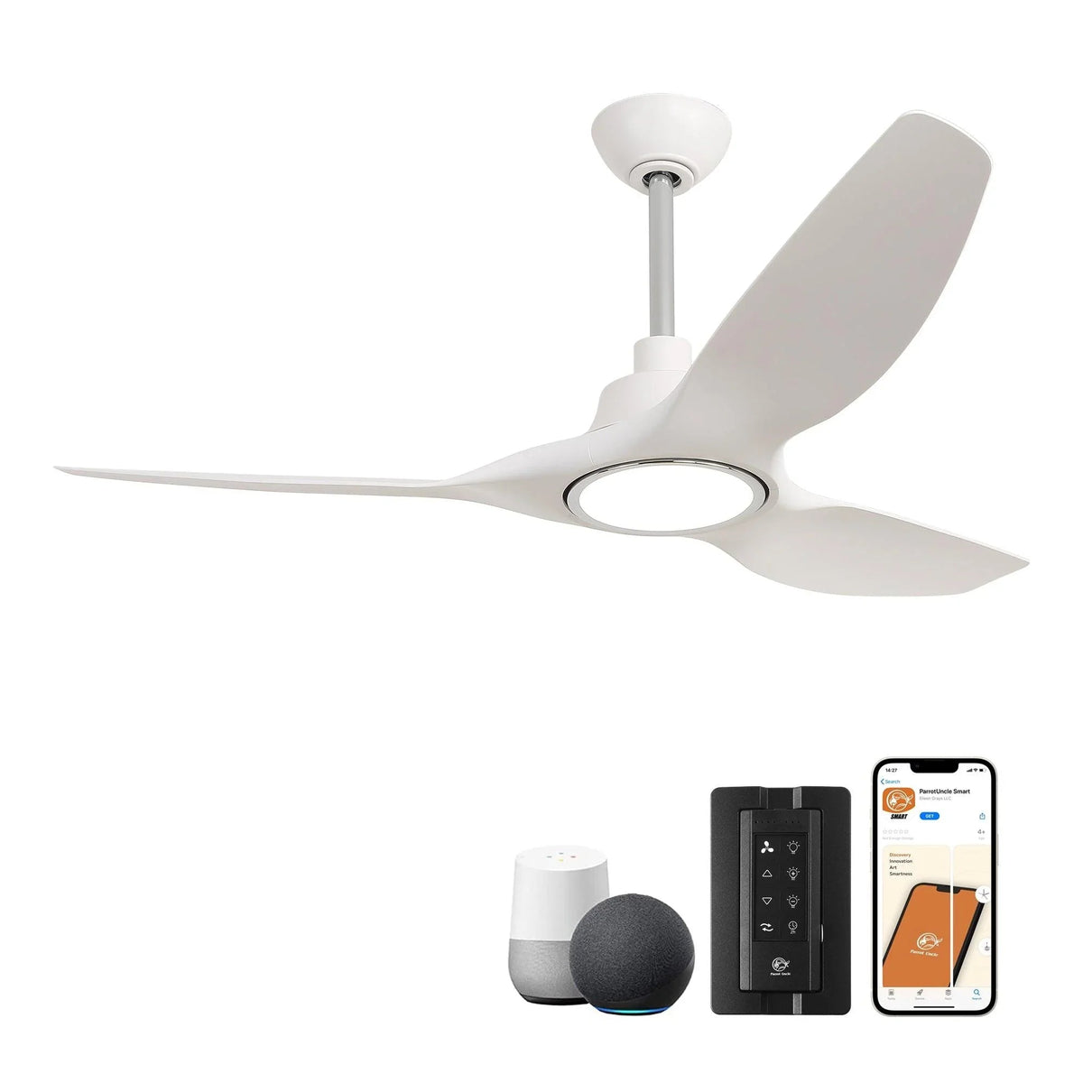 52-inch modern ceiling fan with white blades, downrod mount, and LED light