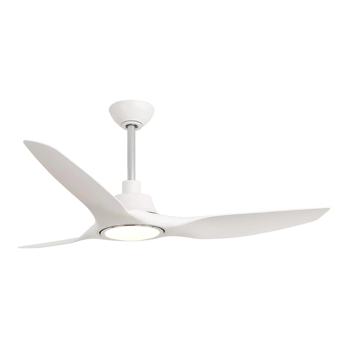 White ceiling fan with LED light ring and five blades, downrod mount