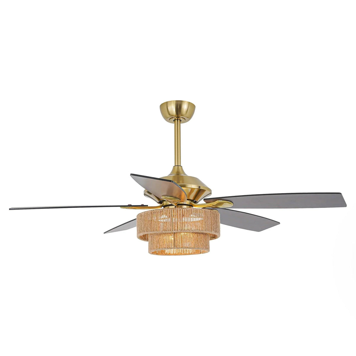Golden ceiling fan with dark blades and wicker drum light shade