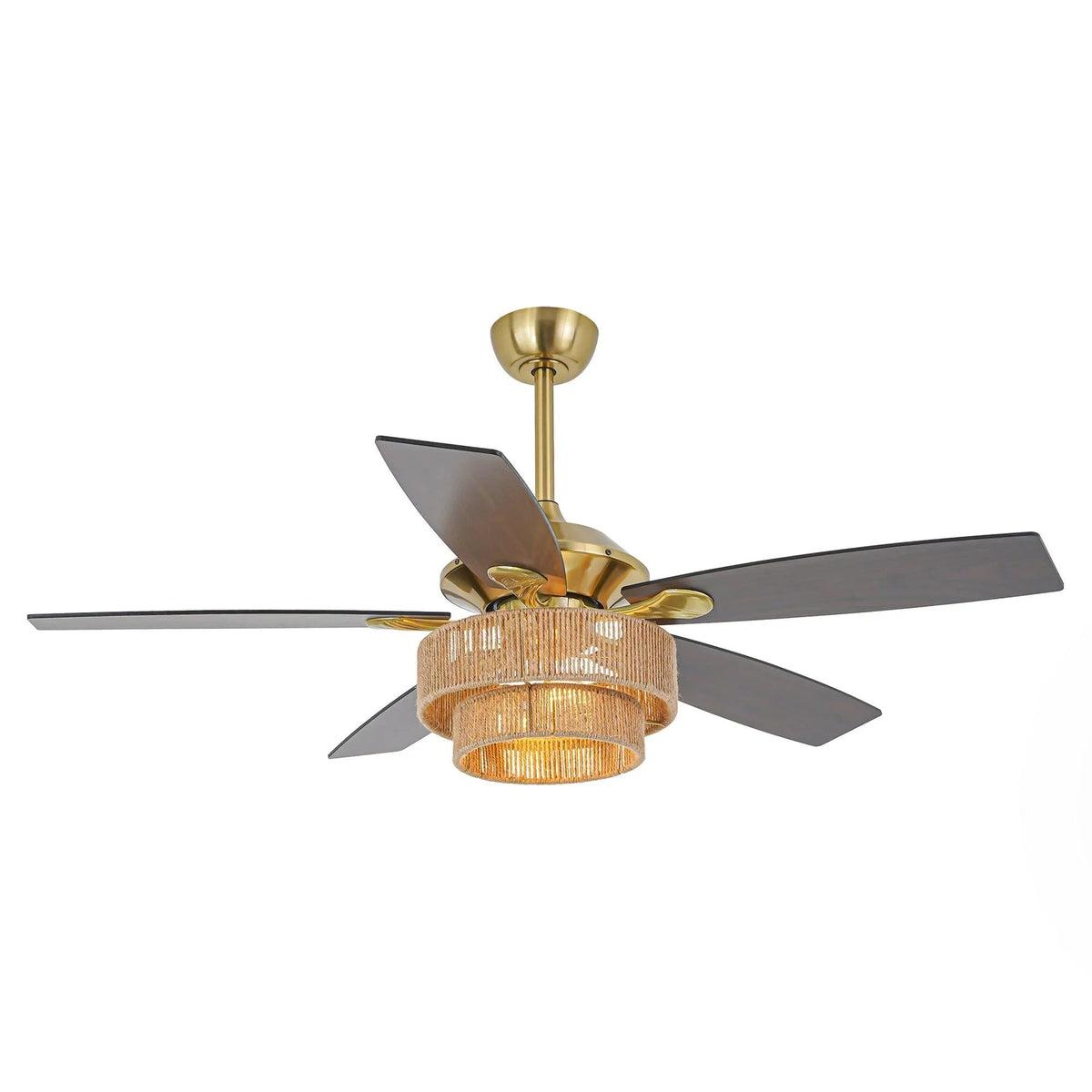 Golden ceiling fan with five dark blades and wicker drum light shade