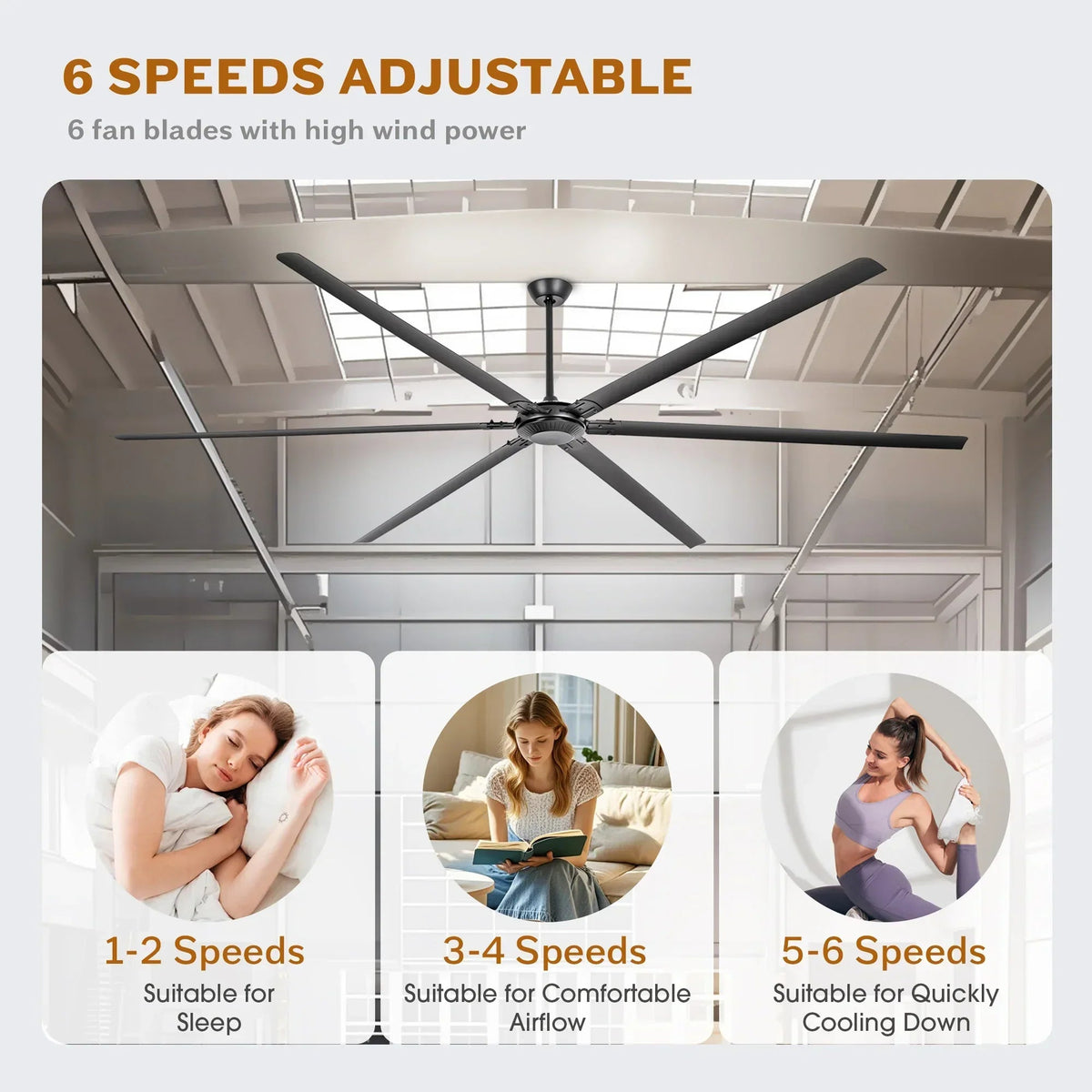 Black HVLS ceiling fan with five blades and adjustable speed settings