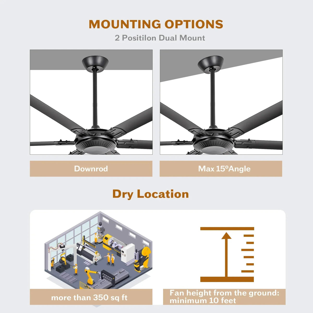 Black 120-inch HVLS ceiling fan with five blades and central motor hub