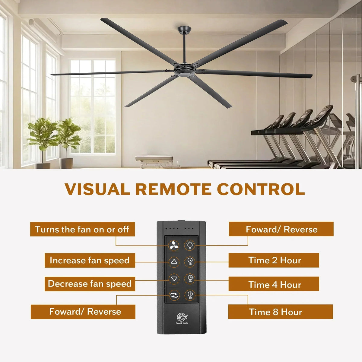 Black HVLS ceiling fan with remote control handset