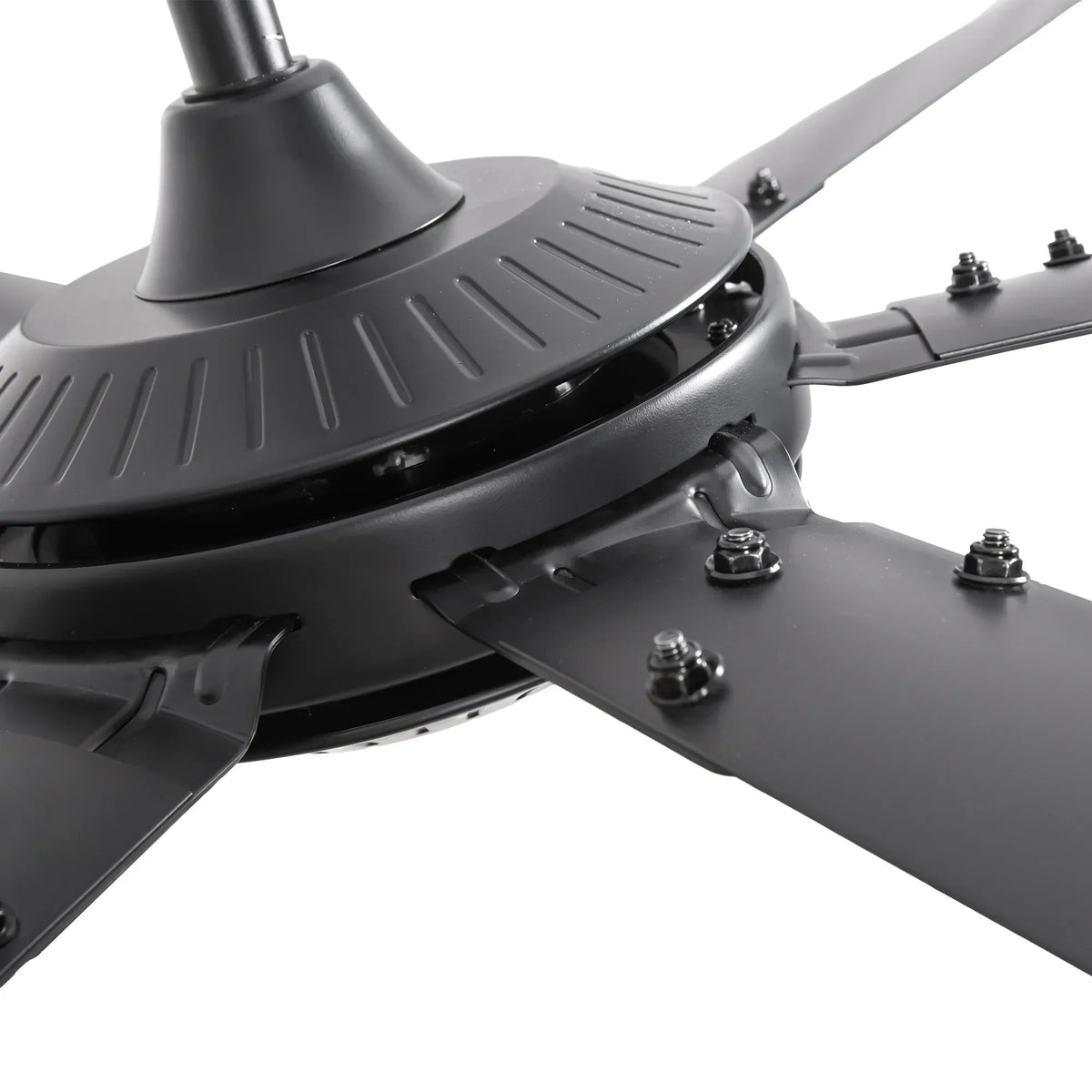 Black HVLS ceiling fan blade hub with mounting screws and vents