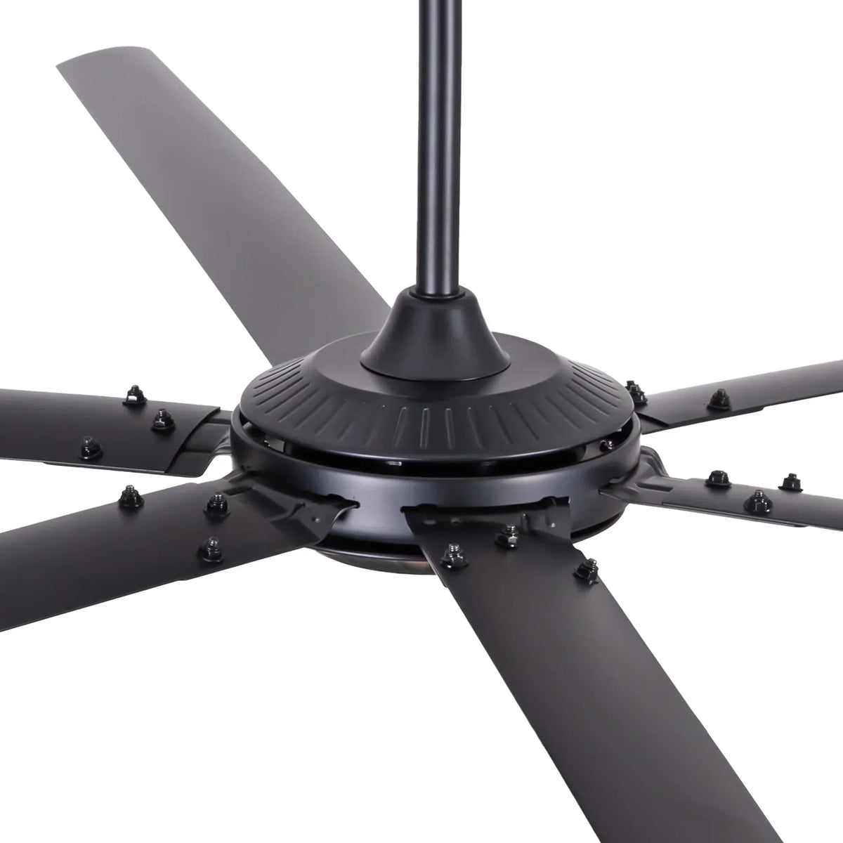 Black HVLS ceiling fan hub and blade arms with central downrod