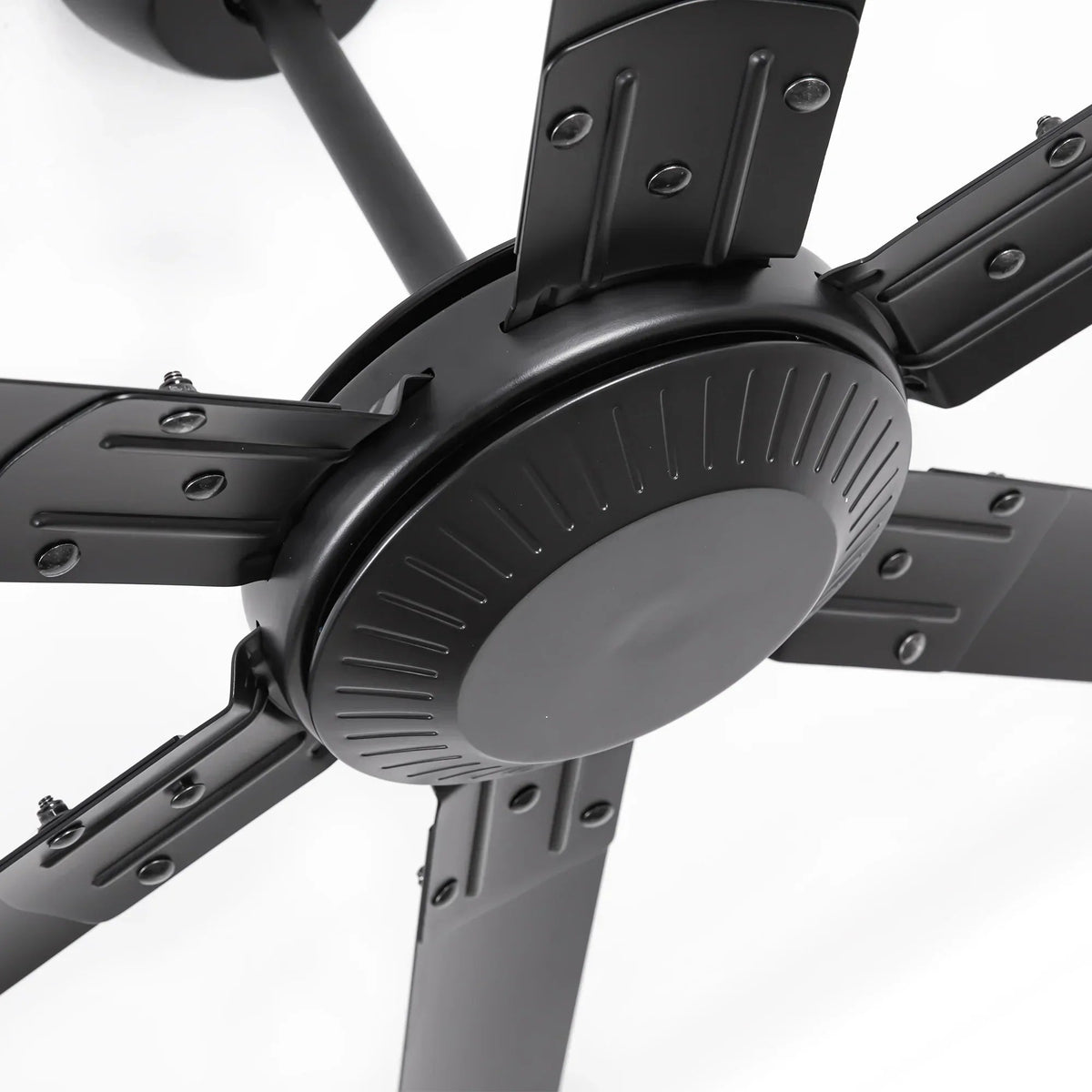 Black HVLS ceiling fan motor housing with attached blades