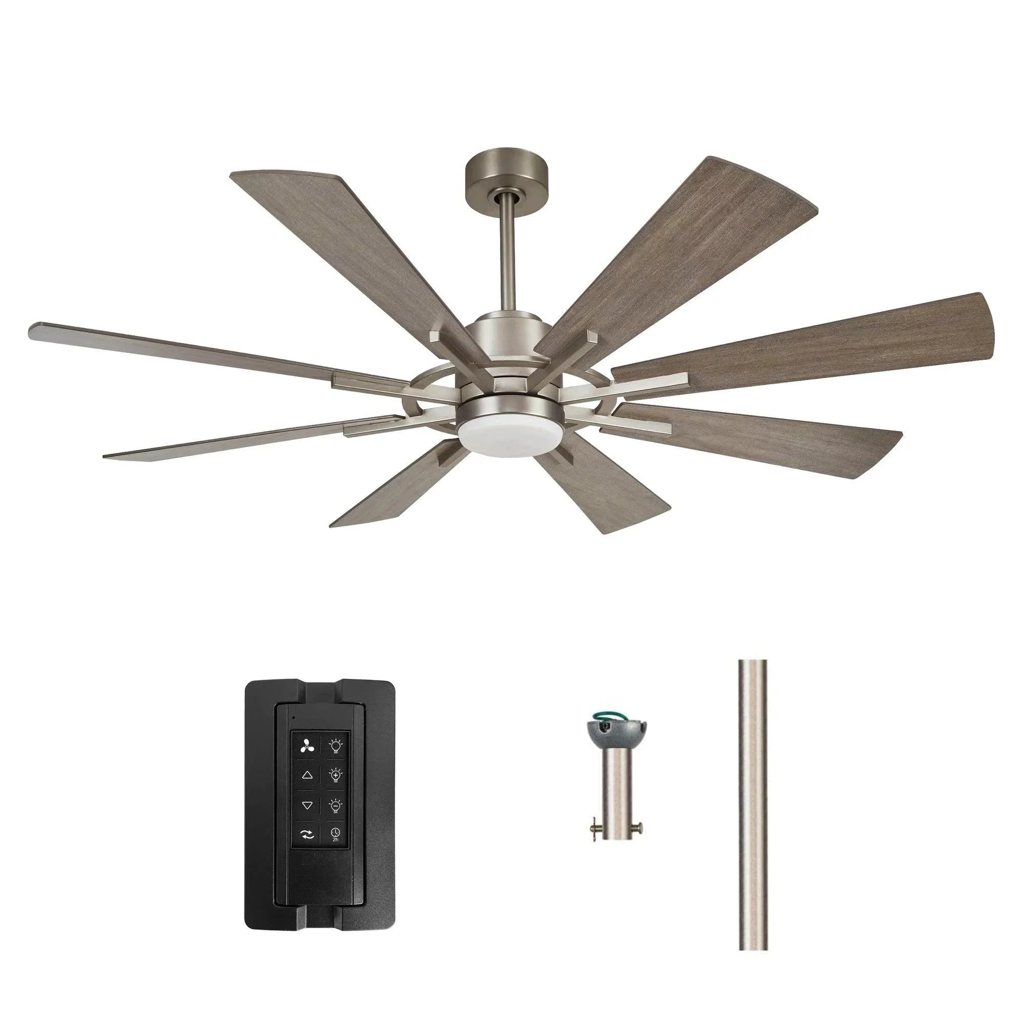 Golden windmill ceiling fan with LED light, remote control and downrod shown