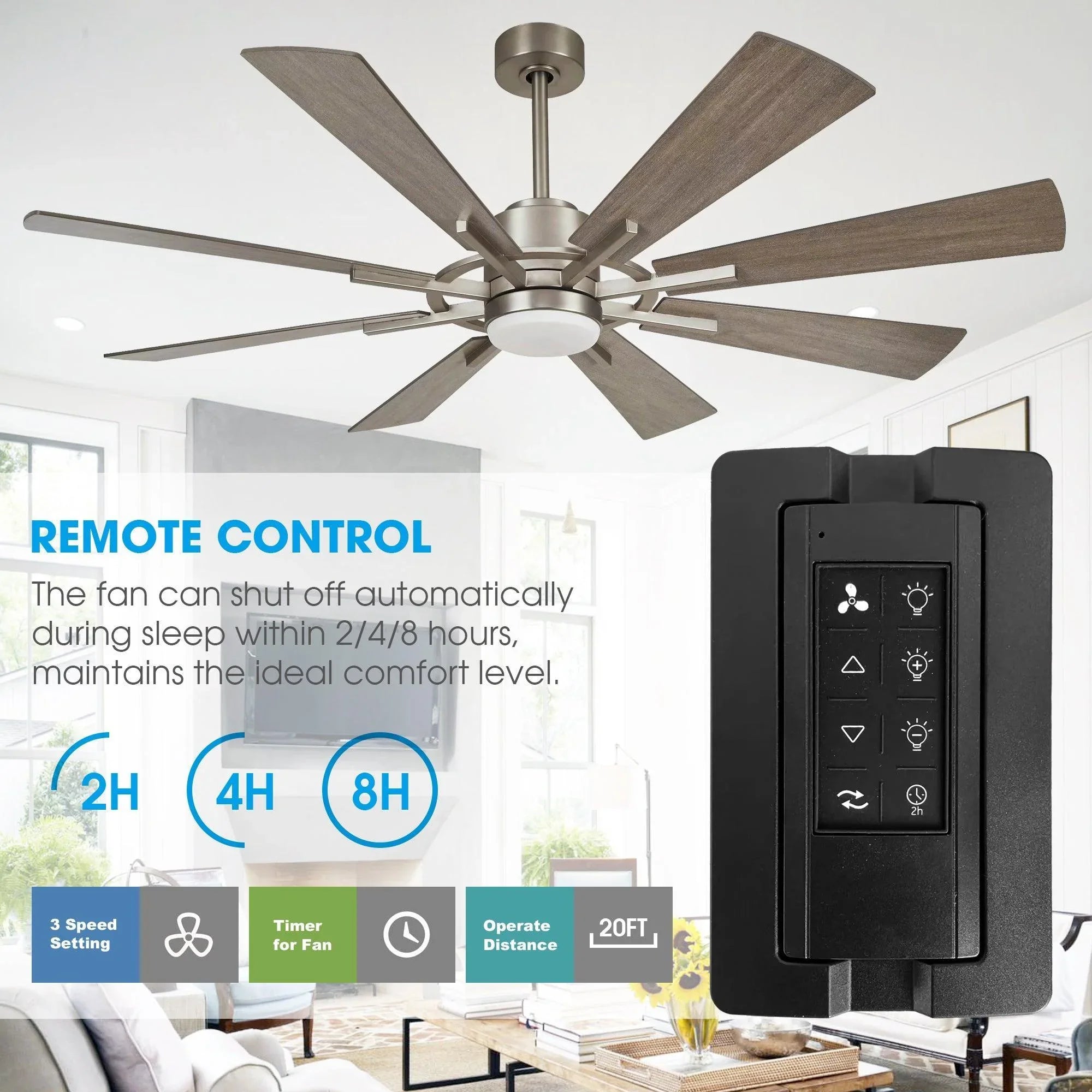 60-inch ceiling fan with dark blades and LED light, shown with remote control