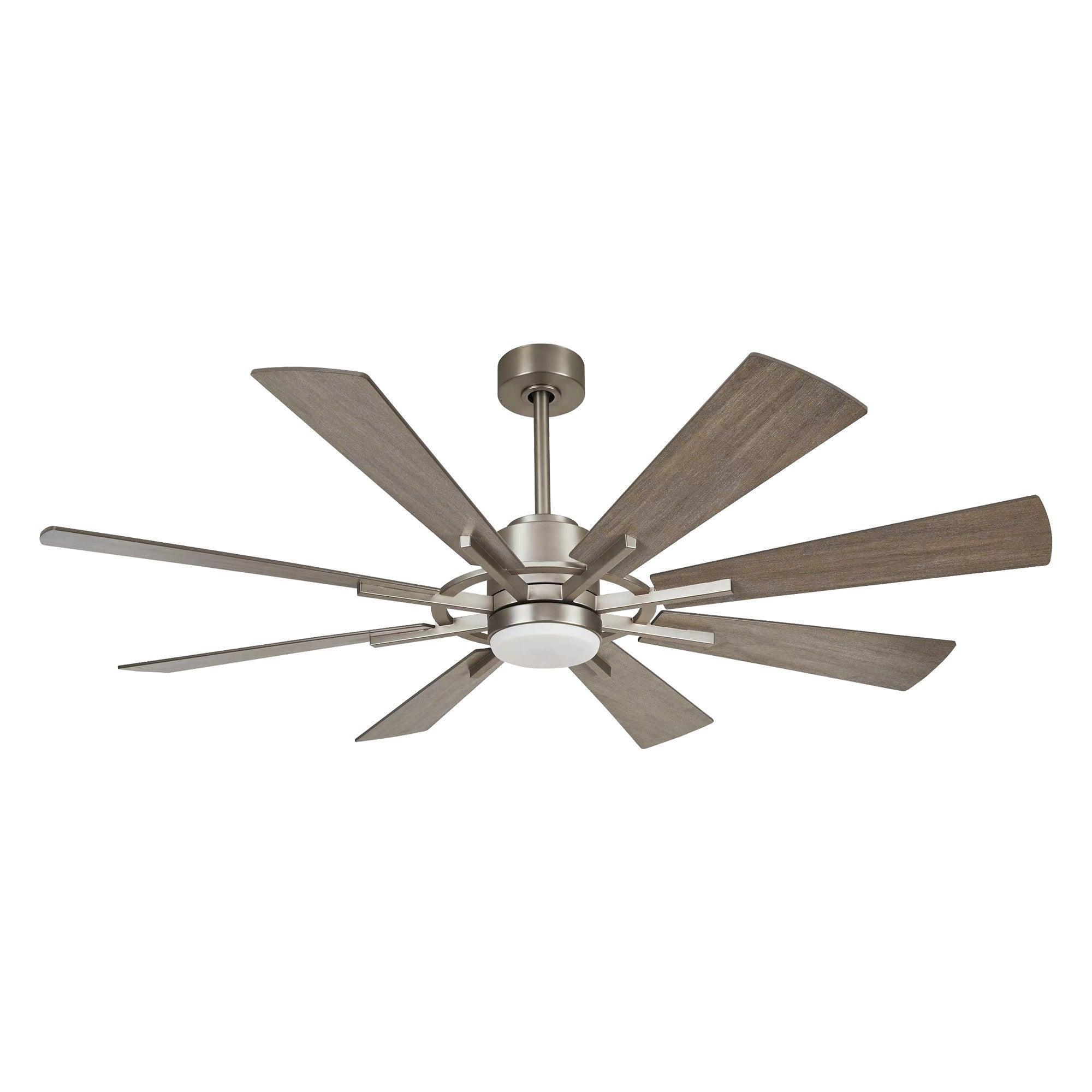 Golden windmill ceiling fan with LED light and five wood blades, front view