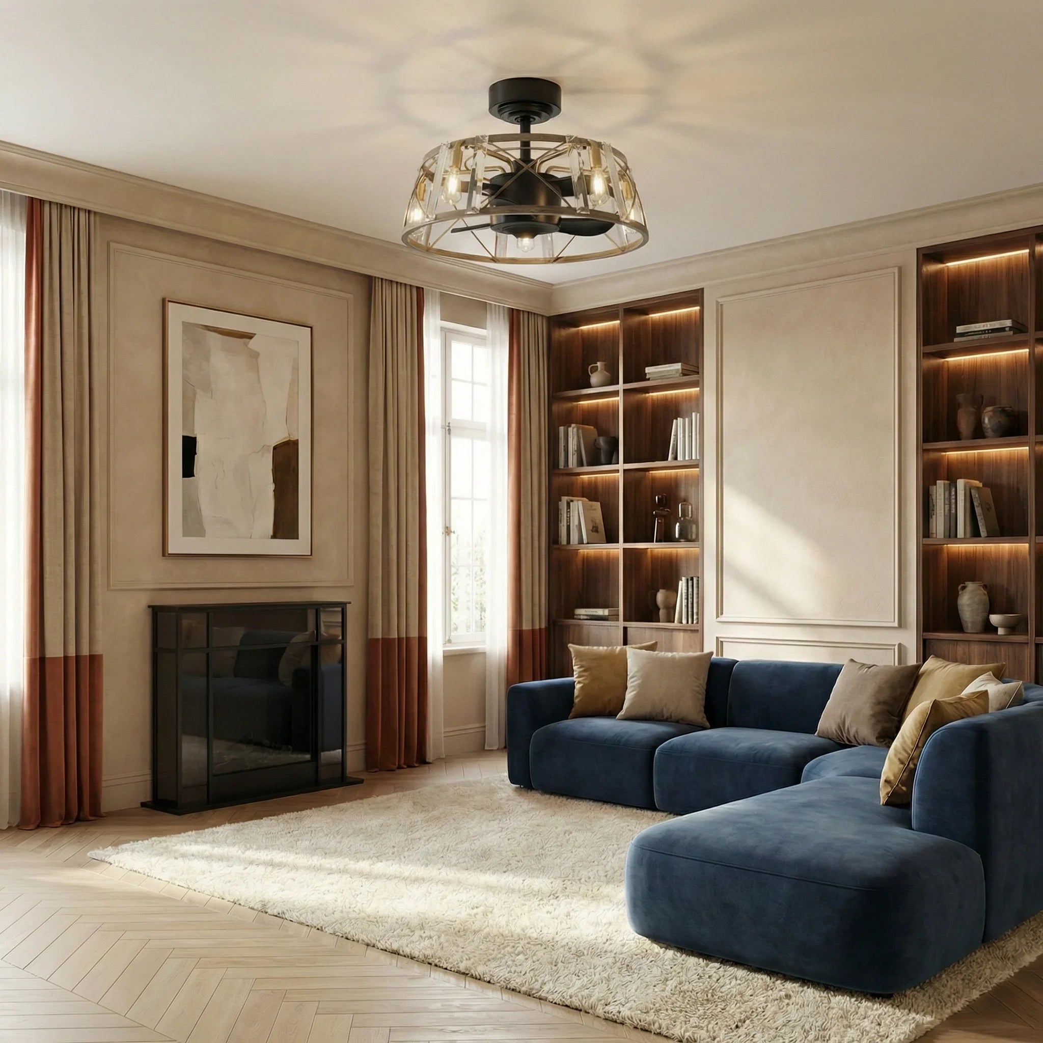 Ceiling fan light with clear glass shade and metal cage in satin-nickel finish