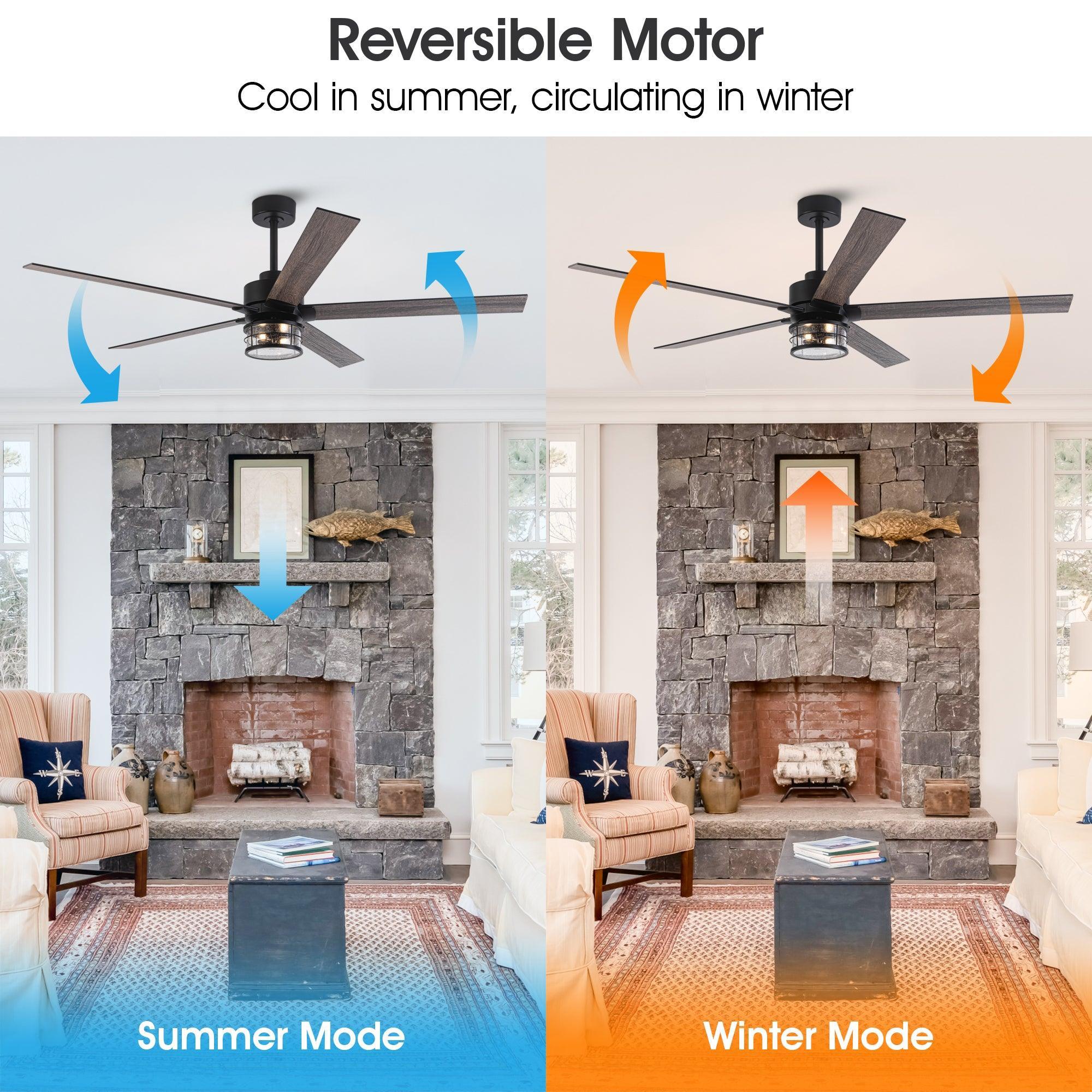 Black reversible ceiling fan with light and five blades showing summer and winter airflow