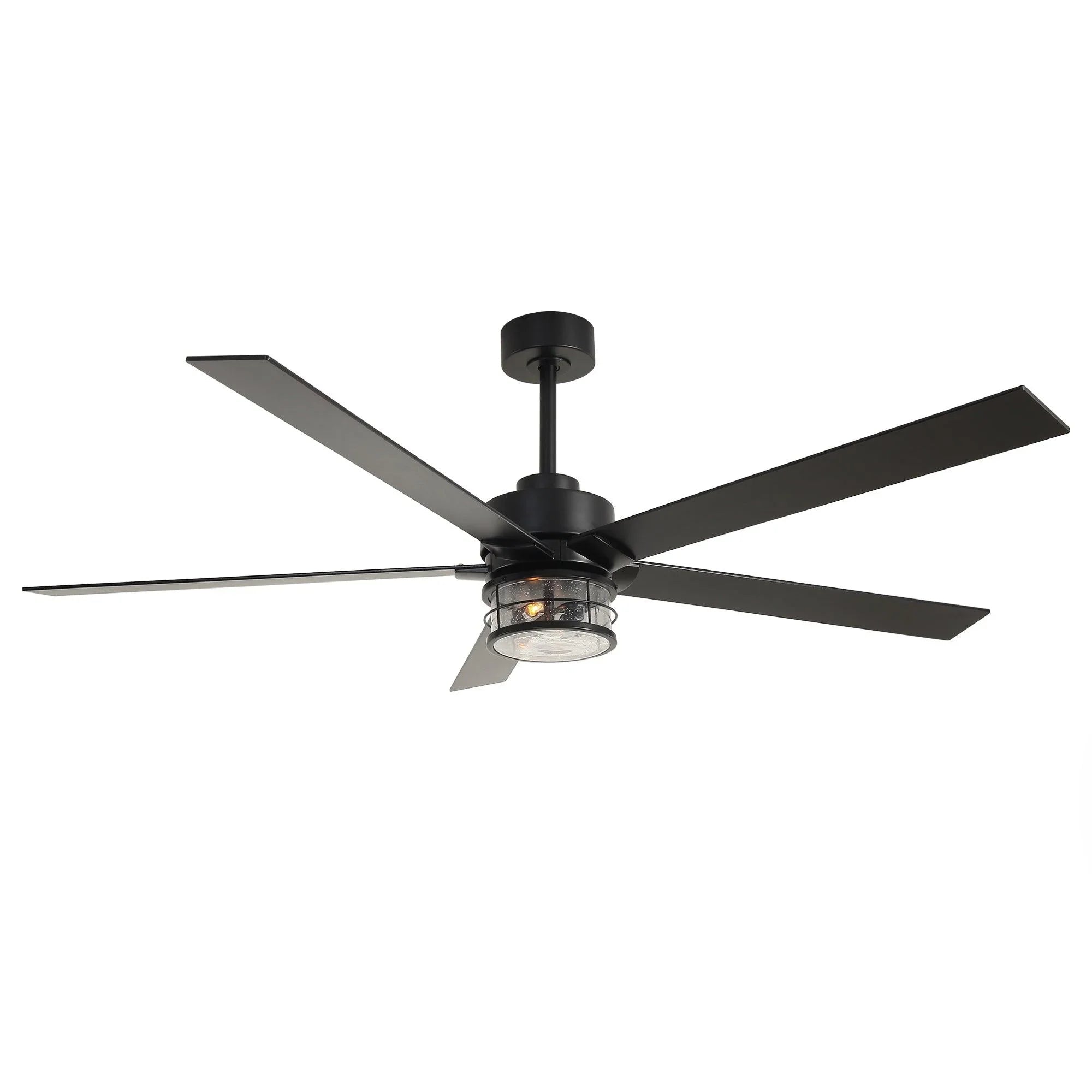 Black ceiling fan with frosted glass light and five dark wood blades on white background