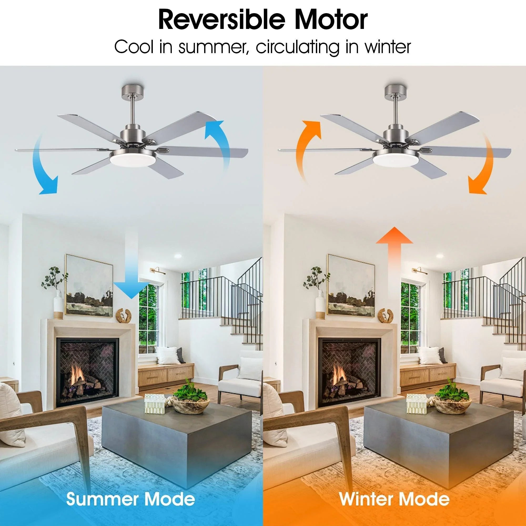 Satin nickel ceiling fan with integrated light, five blades, reversible airflow