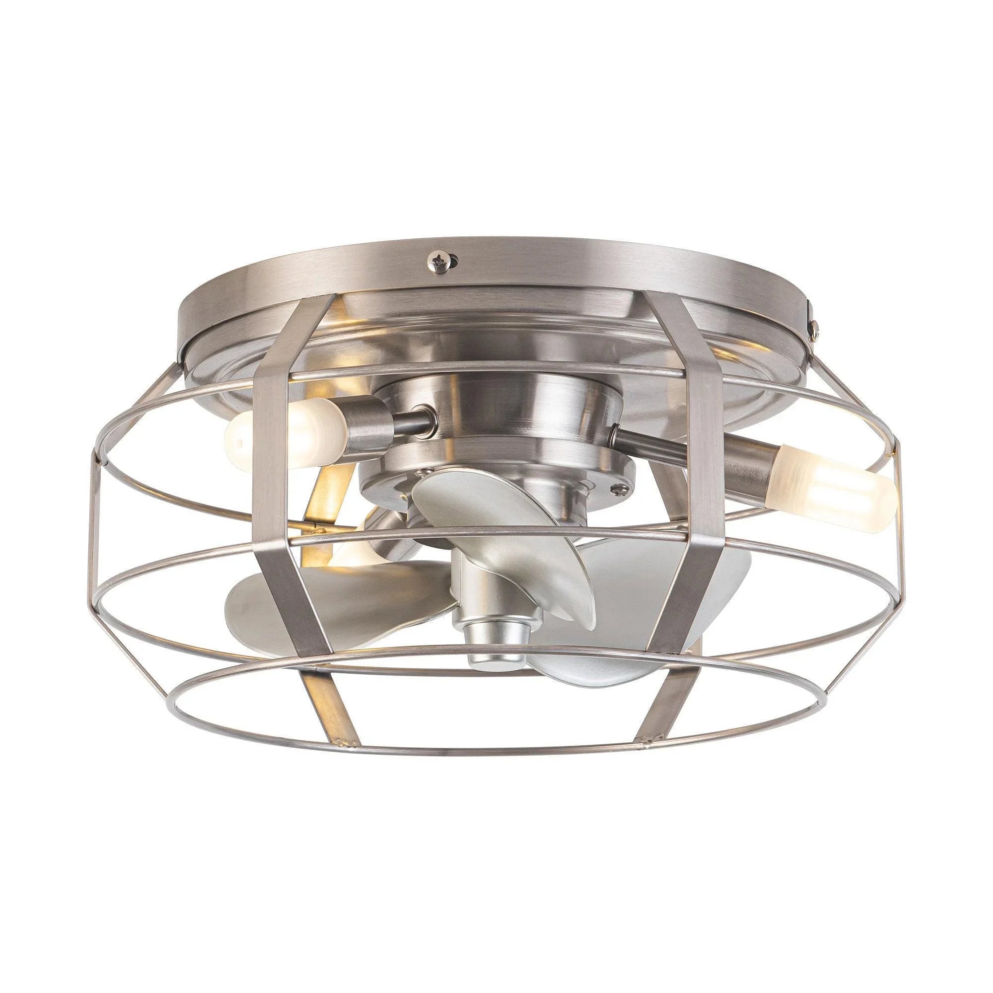 Flush-mount caged ceiling fan with light, satin nickel metal and three glass bulbs