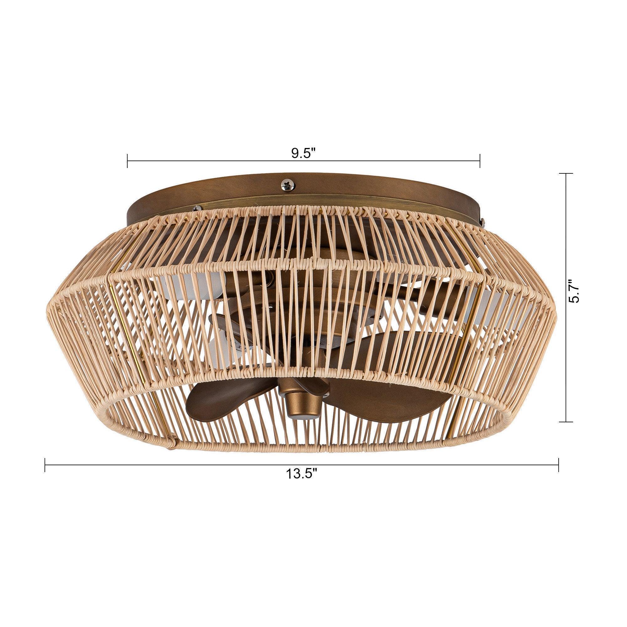 Golden caged ceiling fan with LED lights and three-blade assembly shown from side