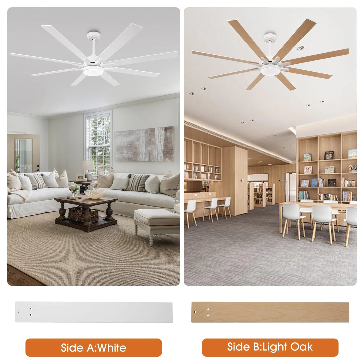 Ceiling fan with LED light and five reversible blades in white and light oak finishes