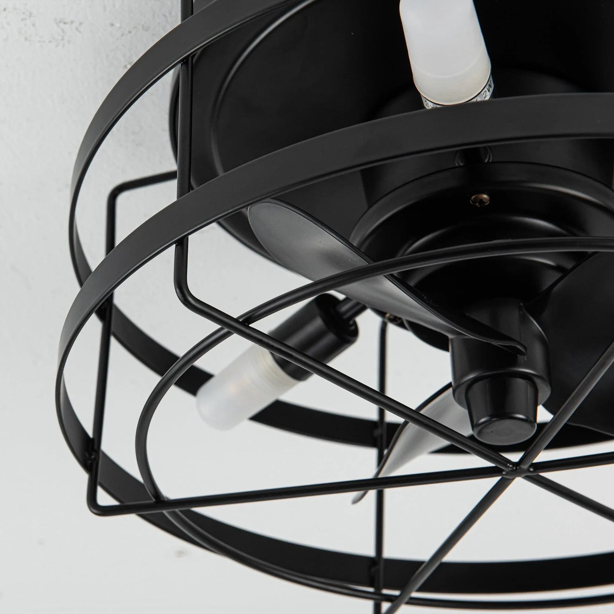 Black fan canopy and blade hub with white lamp cover and wire guard