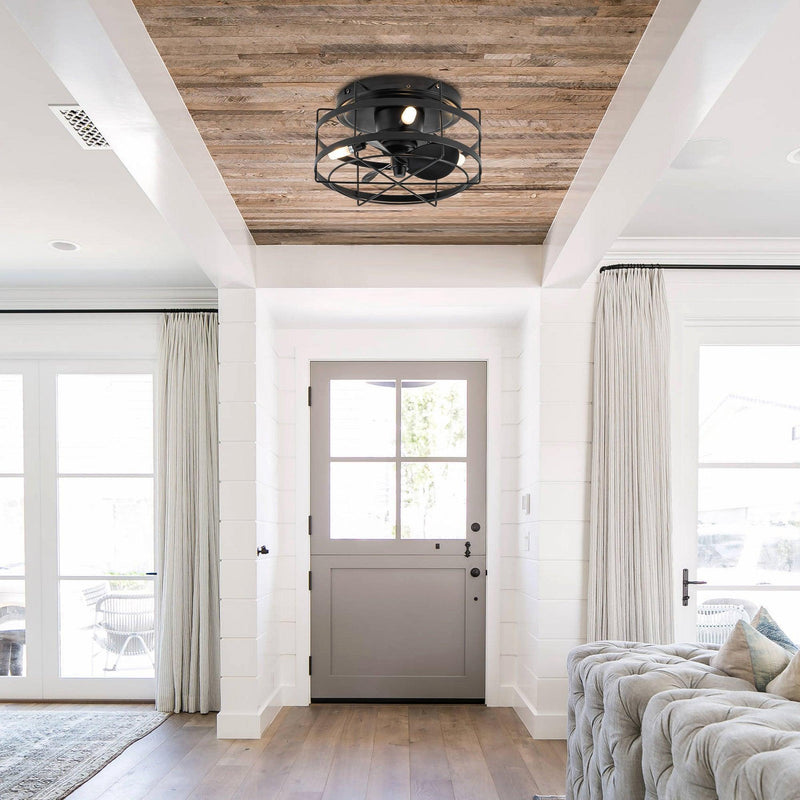 Parrot Uncle 13-Inch Madurai Farmhouse Flush Mount Reversible Ceiling Fan with Lighting and Remote Control (F8270BK110V)