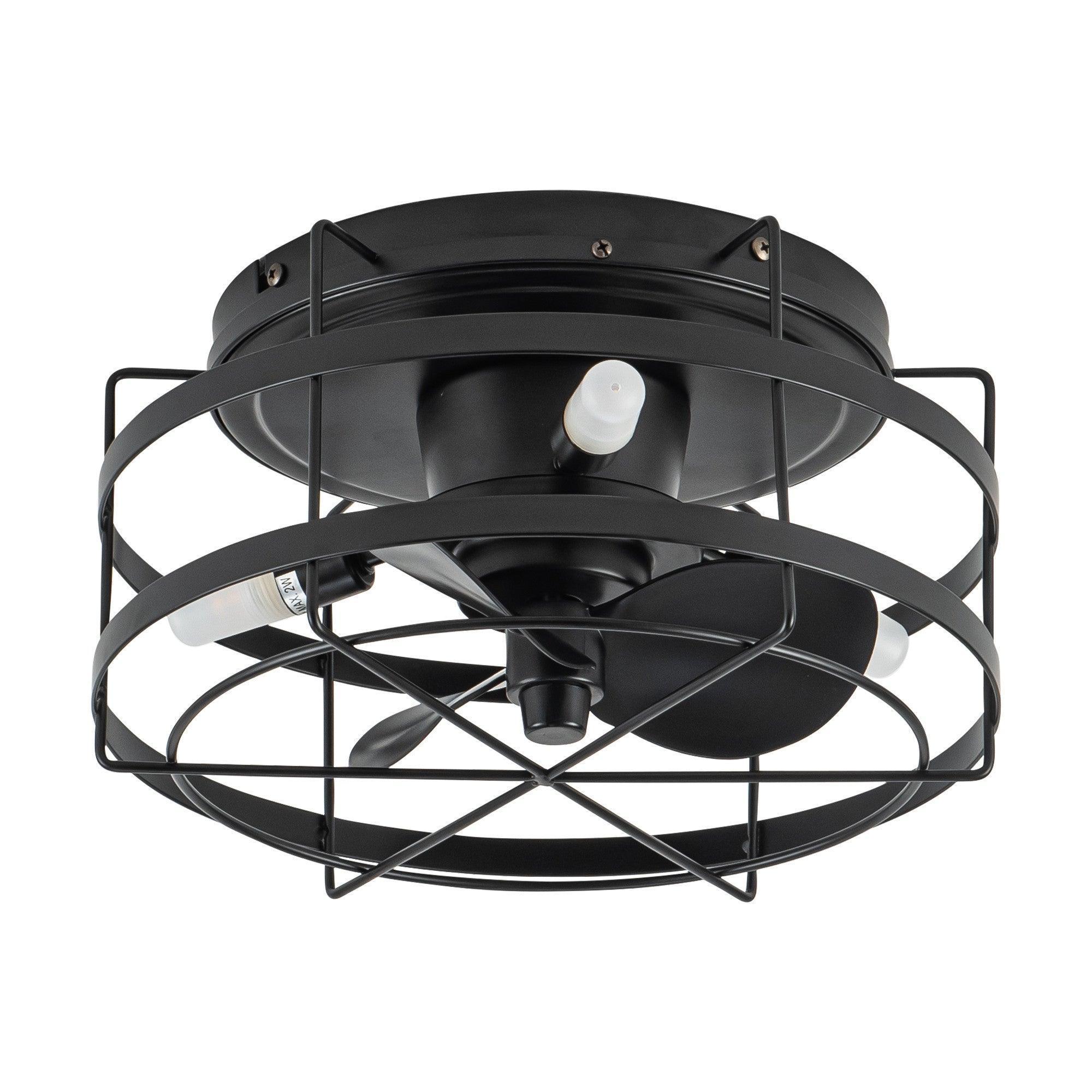 Black flush-mount ceiling fan with central downrod and globe-style bulb