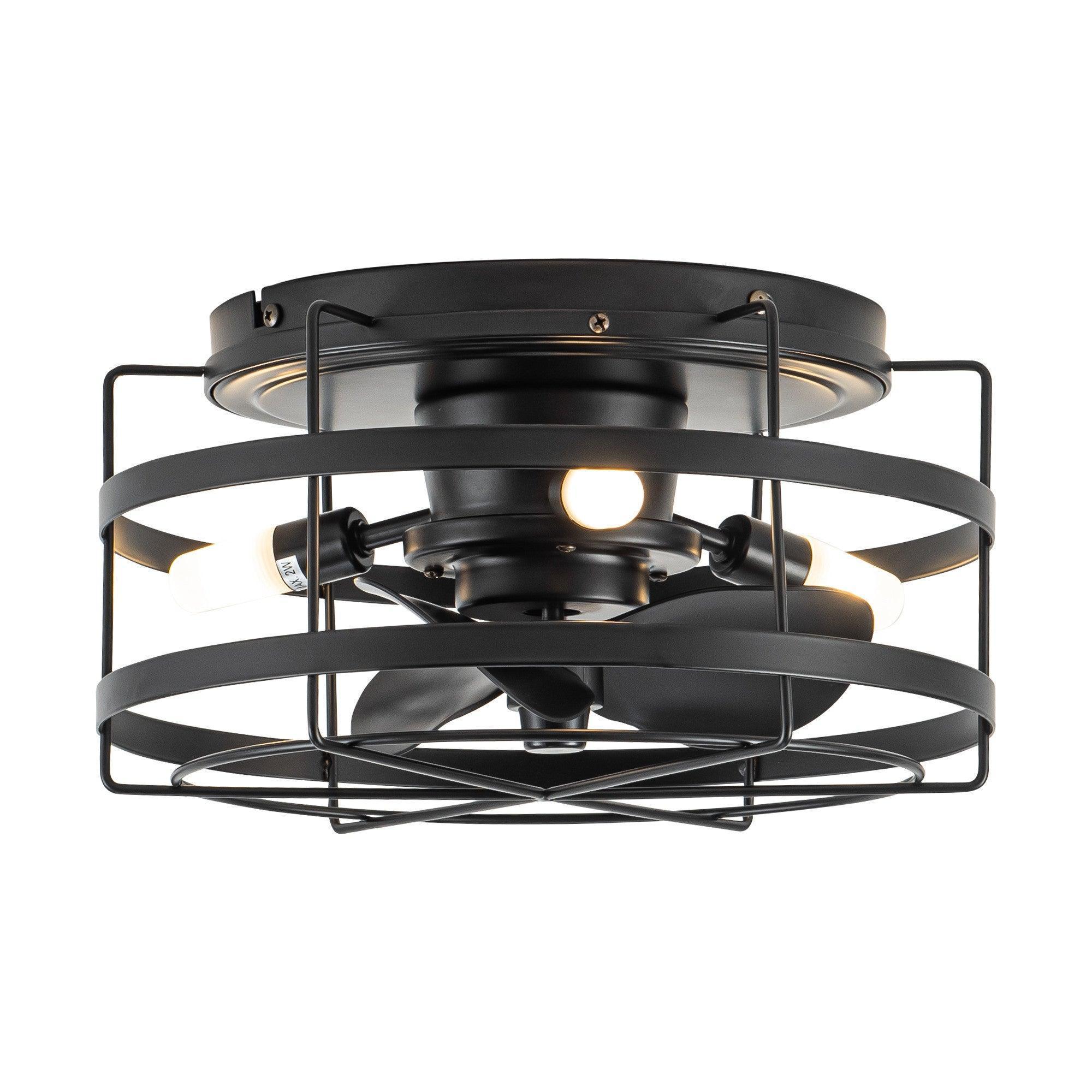 Black flush-mount ceiling fan with metal cage frame and lit bulb
