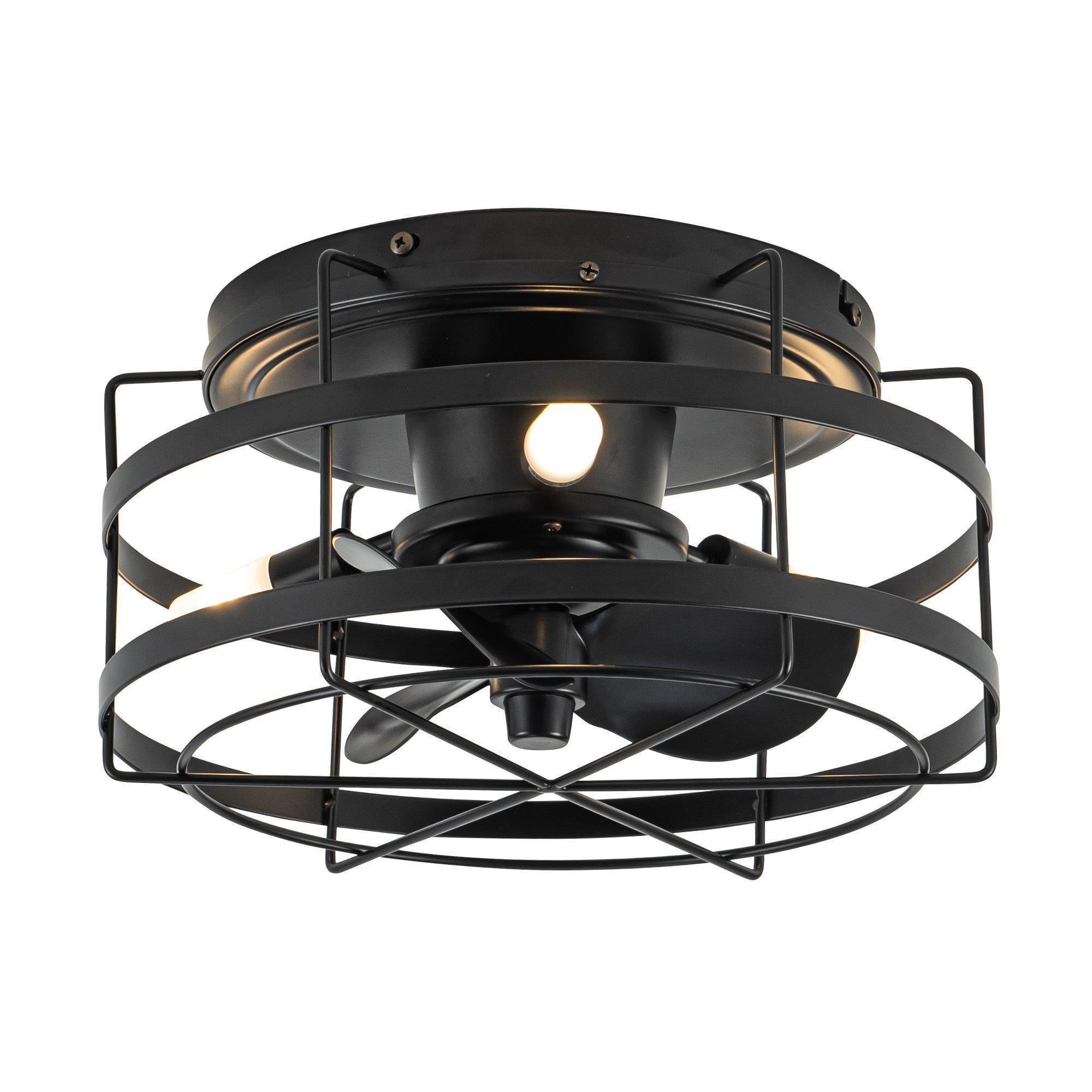 Black flush-mount ceiling fan light fixture with circular wire guard and glowing bulb