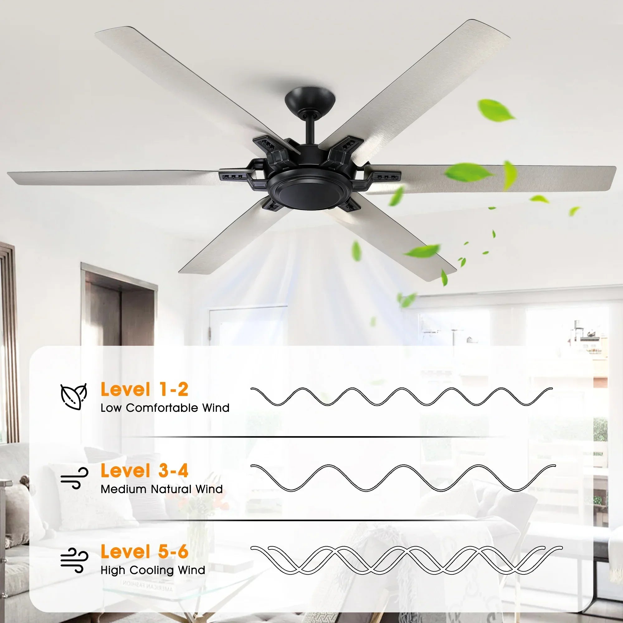 Black ceiling fan with five light wood-toned blades above a sofa, with air level icons