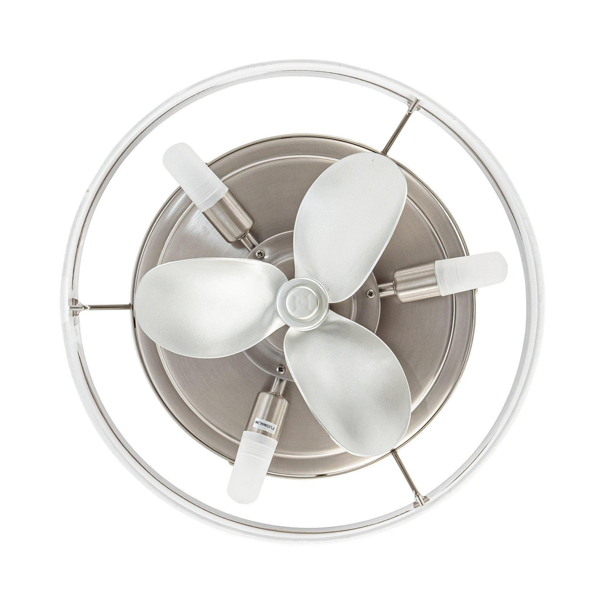 Top view of flush mount fan with satin nickel blades and white frosted light bowl