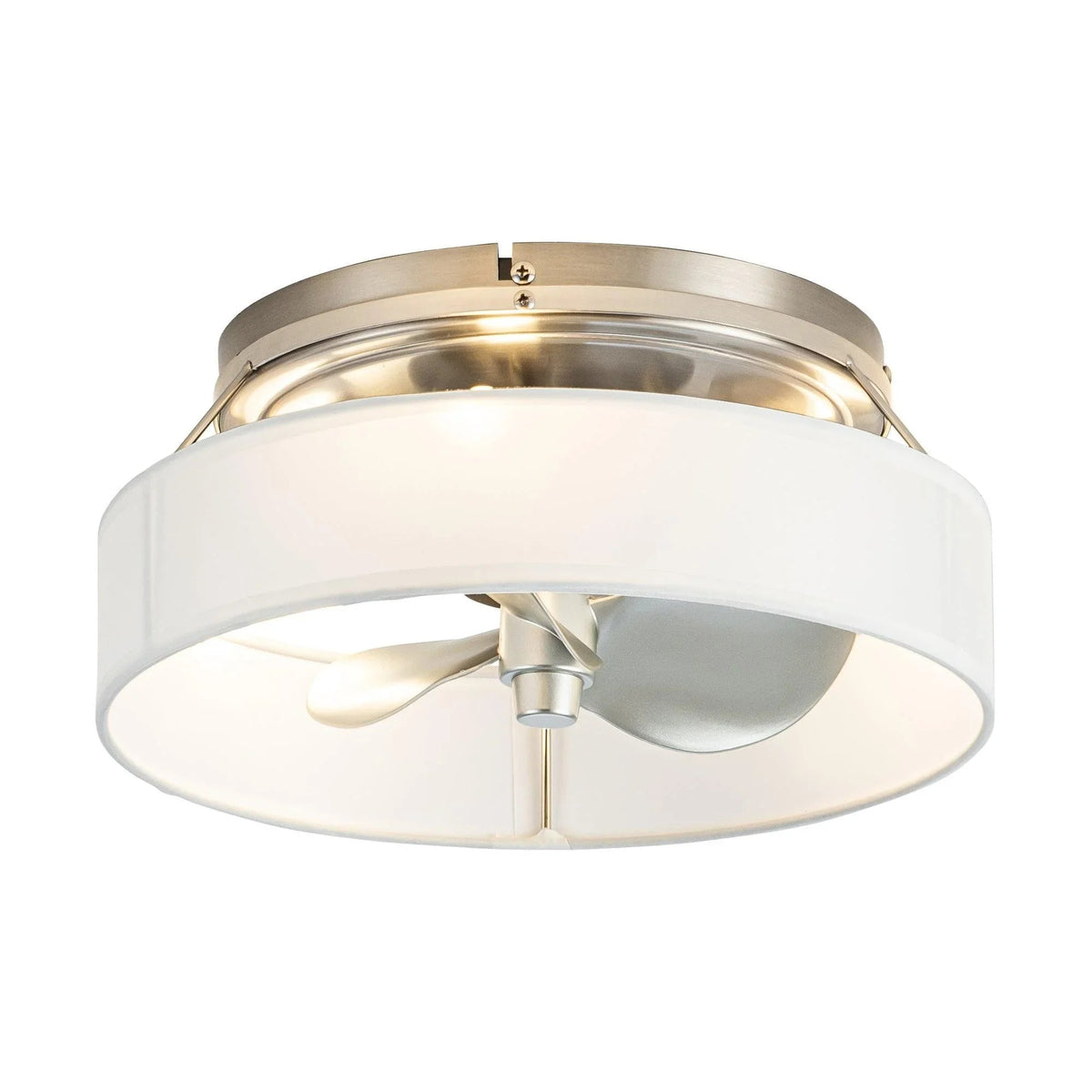 Modern flush mount ceiling fan with satin nickel rim and three white integrated blades
