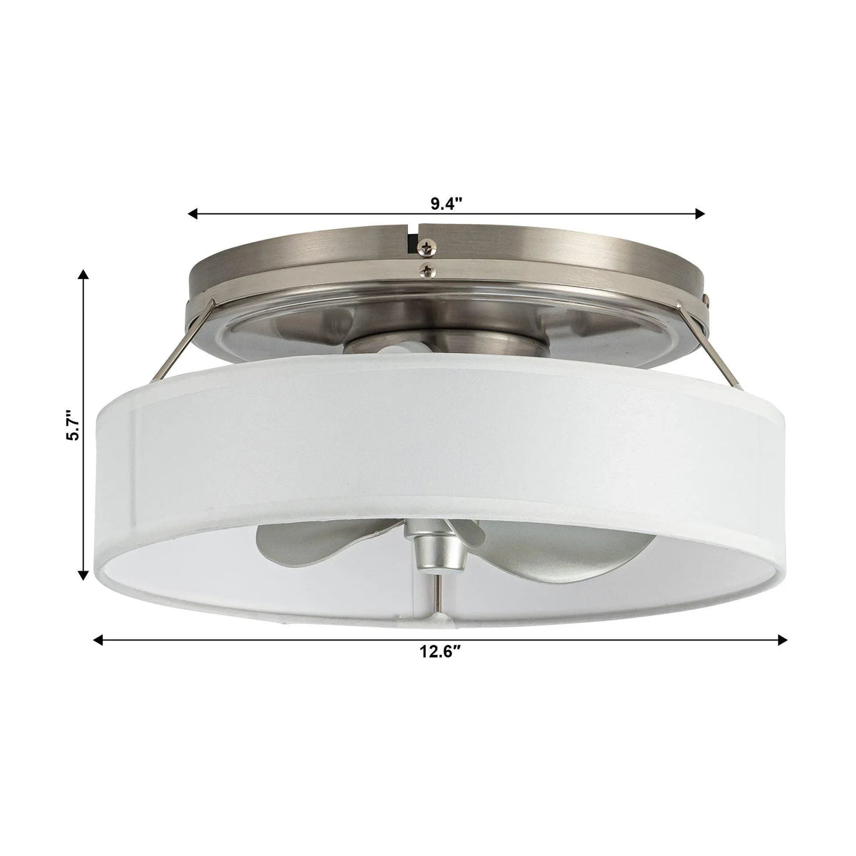 13-inch flush mount ceiling fan dimensions with white shade and satin nickel finish